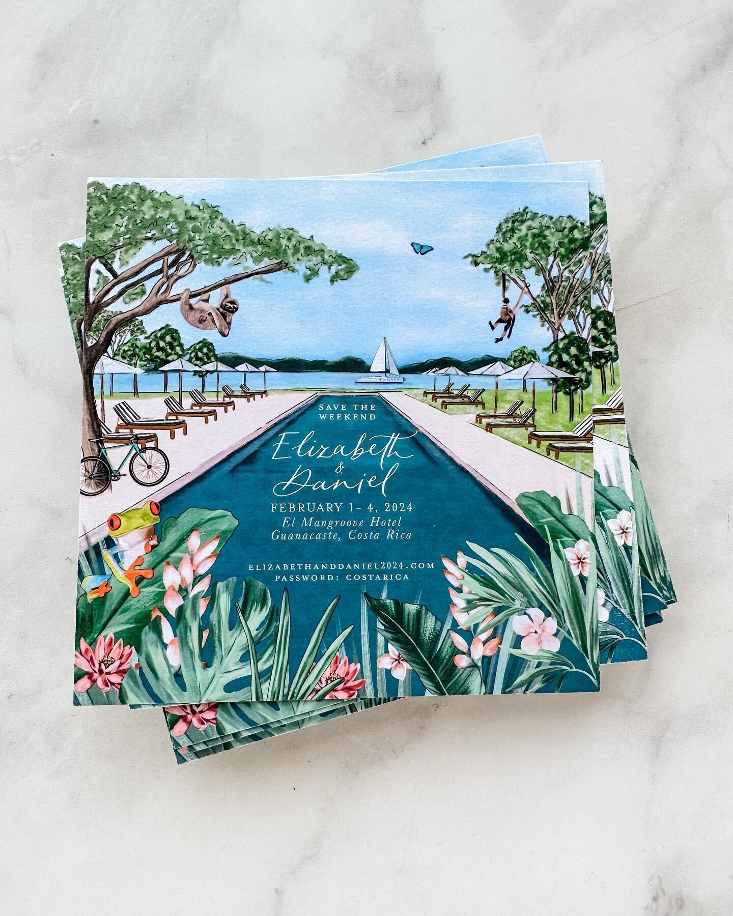 One of my favorite projects EVER! Elizabeth &amp; Daniel&rsquo;s Save the Date. Combining tropical elements (including super cute animals) and the beautiful setting of @elmangroovehotel . Everything is hand painted to create this gorgeous piece of ar