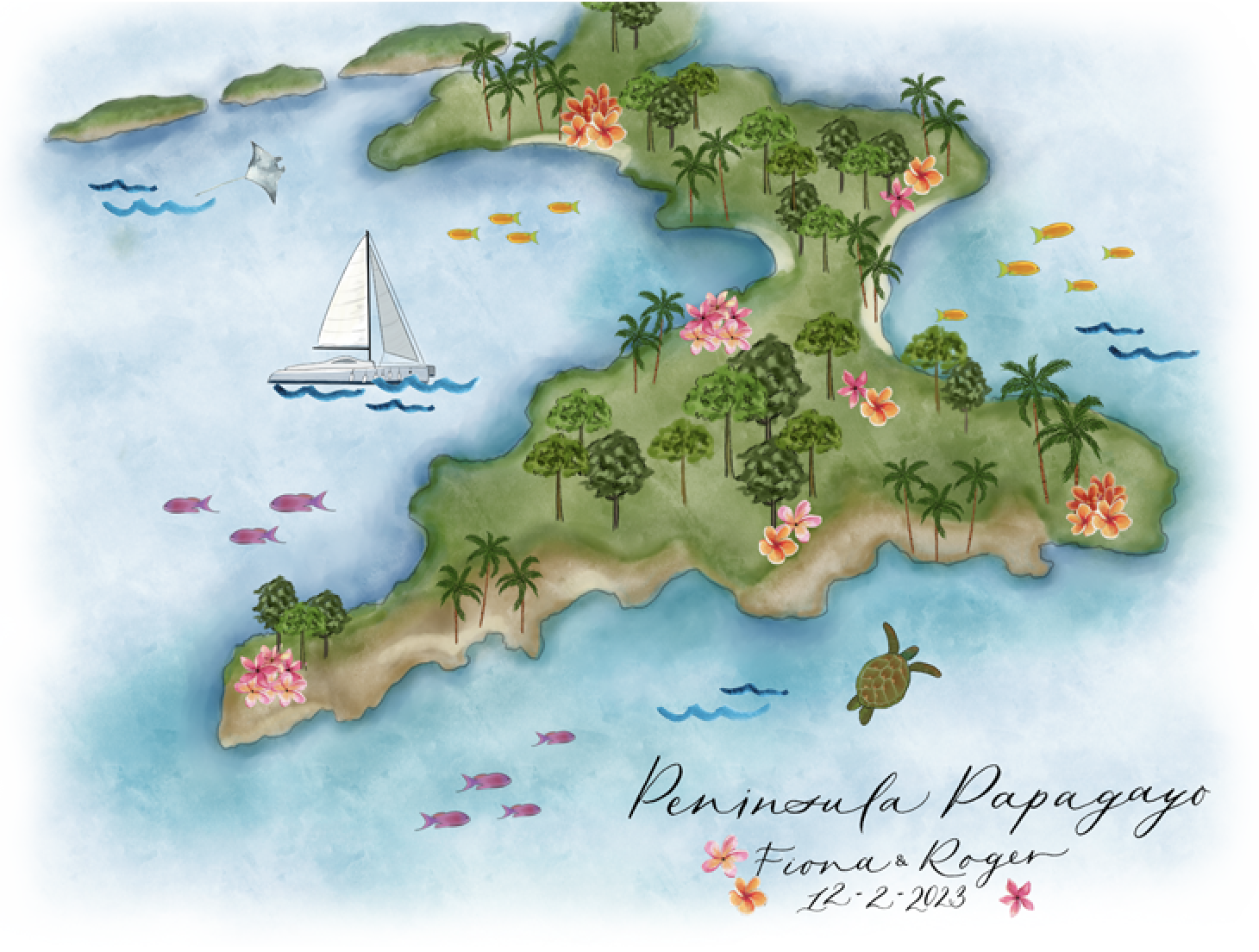 Custom hand painted map of Peninsula Papagayo for a destination wedding