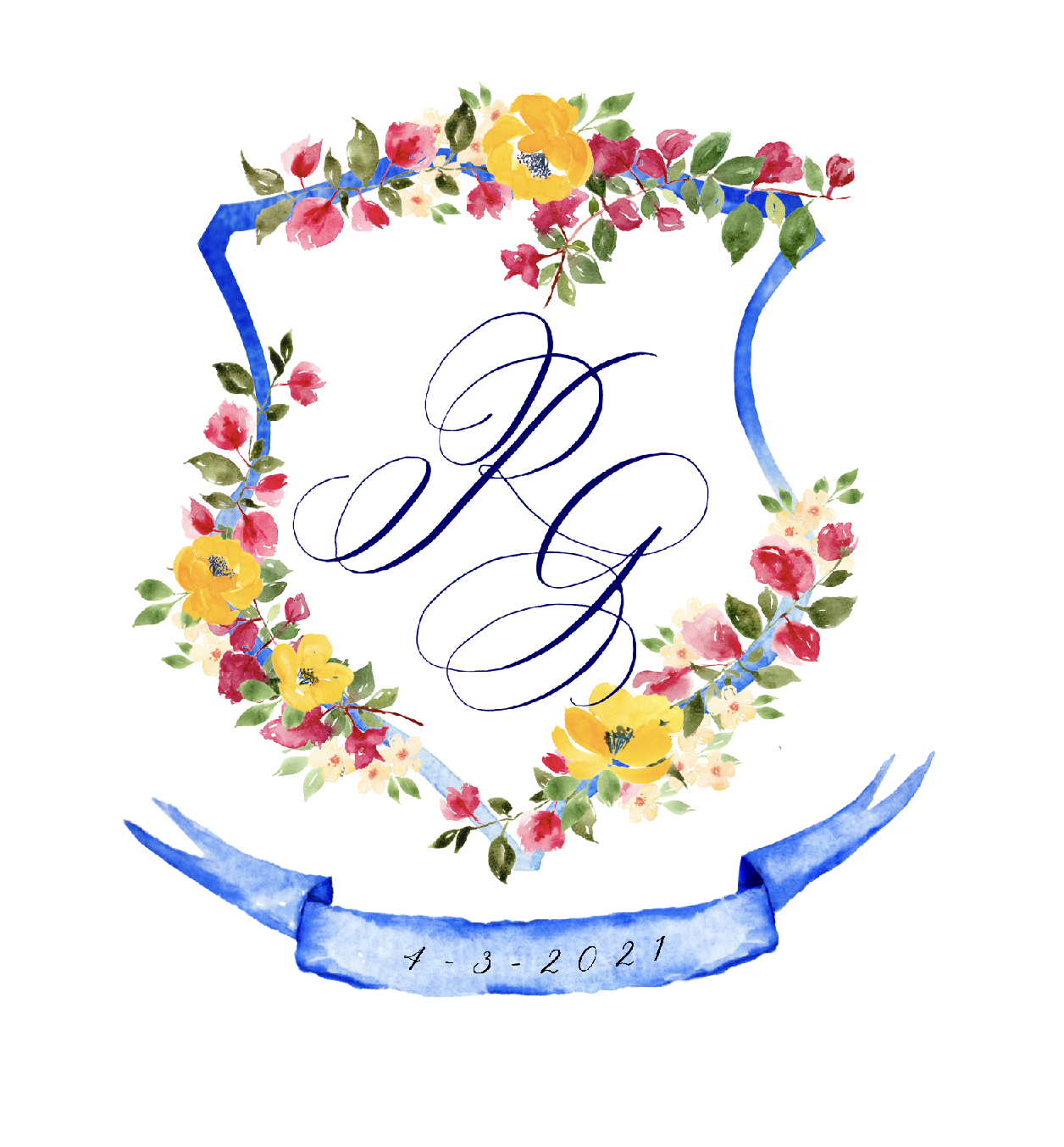 Custom hand painted floral wedding monogram featuring the initials 'RG'