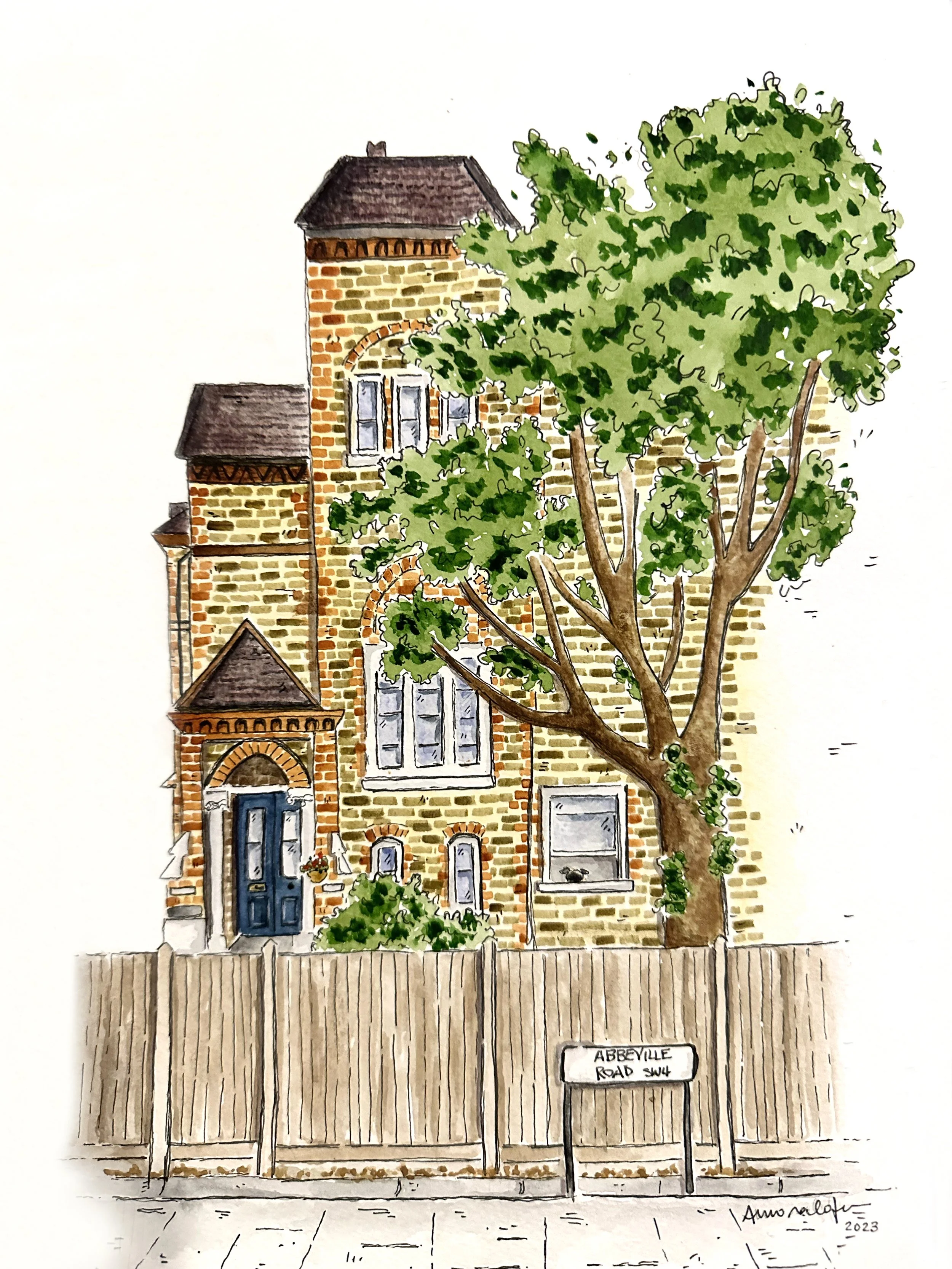 Watercolor illustration of a brick house with a tree in front, wooden fence, and street sign reading "Abreville Road SW".