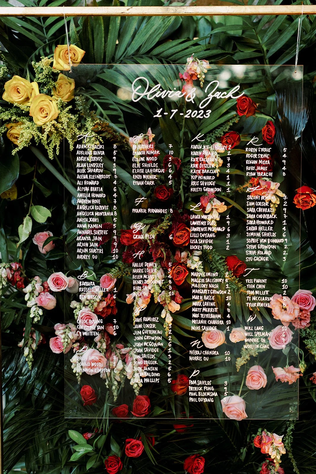 Acrylic Wedding seating chart with greenery backdrop for a Costa Rica wedding