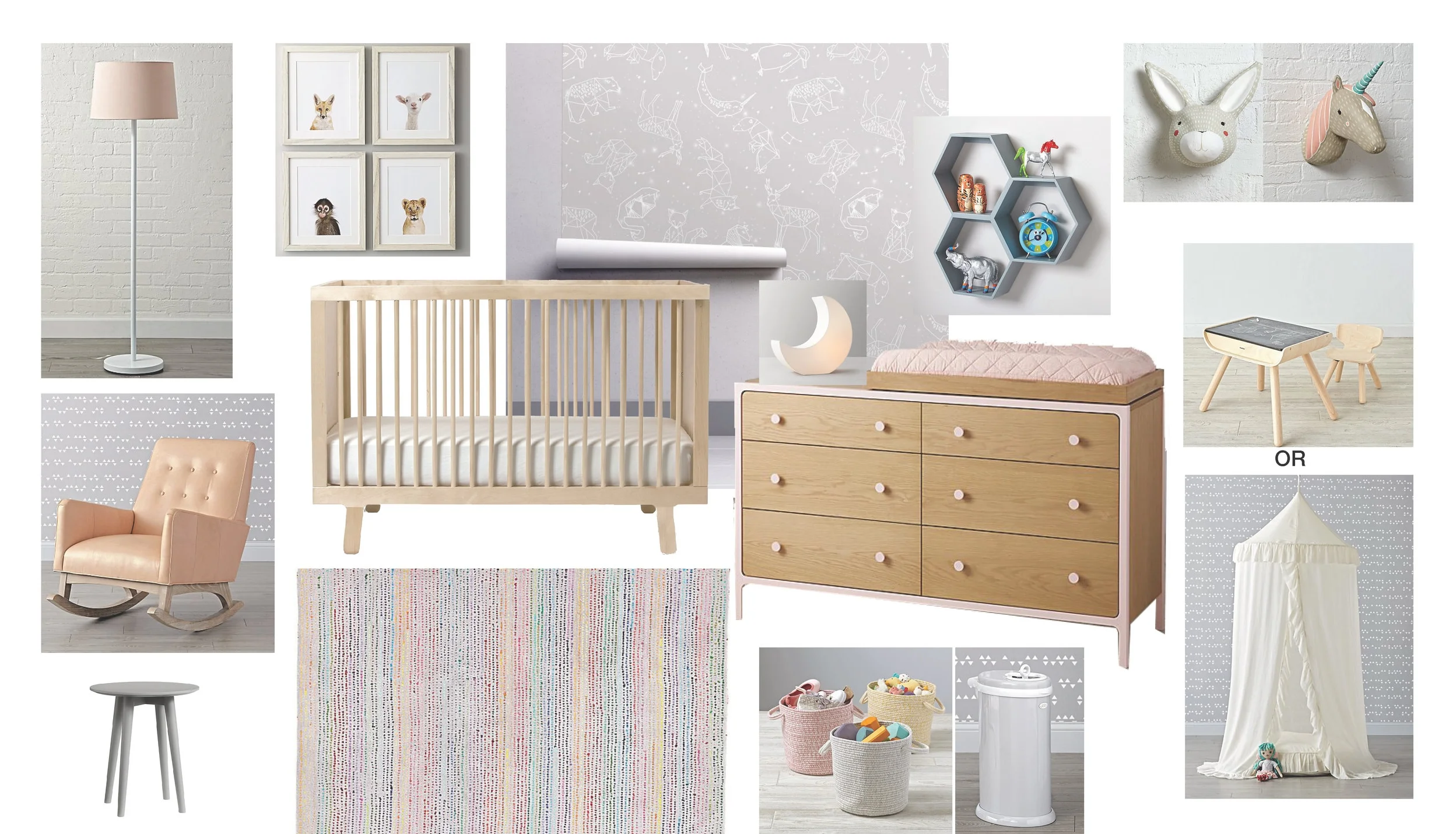 Nursery FF&E Board 1 Blush and Grey