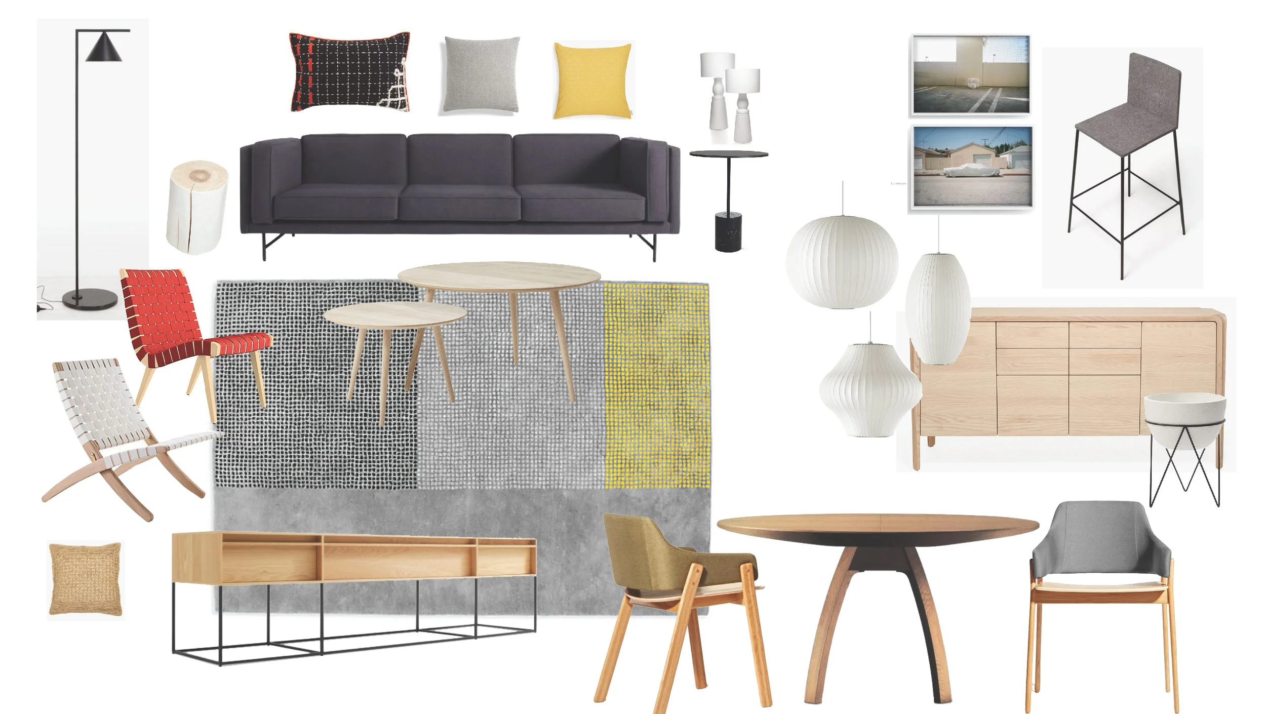 Living and Dining Room FF&E Board 1 Warm Mid-Century Modern