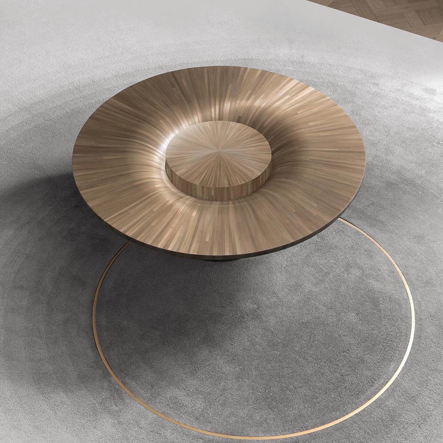 Absolutely fabulous and innovative idea for a custom area rug - this embedded brass strip, balancing and grounding the space round the coffee table. Straw Fall table in orbit designed by @mathieulehanneur⁠⠀
.⁠⠀
.⁠⠀
.⁠⠀
#furniture #furnituredesign #pr