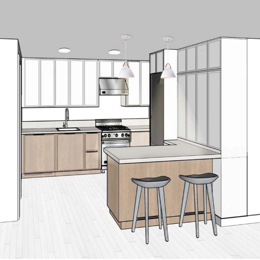 City living dream kitchen✨. Currently working on a moderately sized but super functional and beautiful kitchen in NYC apartment. Guess what; it has it all - counter space, seating area, storage, hidden built-in microwave, and recycling center. Using 