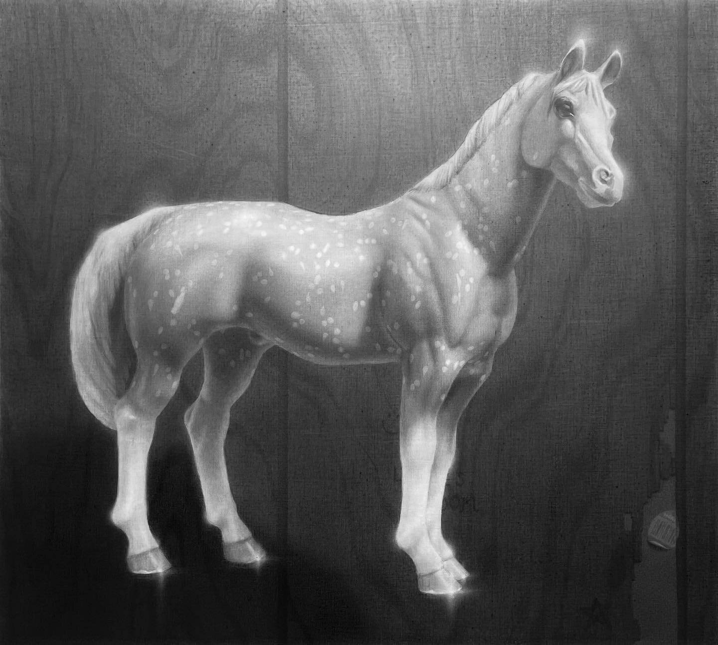 Finished buddy ✨ 27x30 graphite on gessoed linen 
.
.
.
.
#horse #breyerhorse #home #woodpaneling #graphite #graphitedrawing #portraitdrawing #pencildrawing #blackandwhitedrawing #art #worksoncanvas #graphiteoncanvas #contemporarydrawing #contemporar