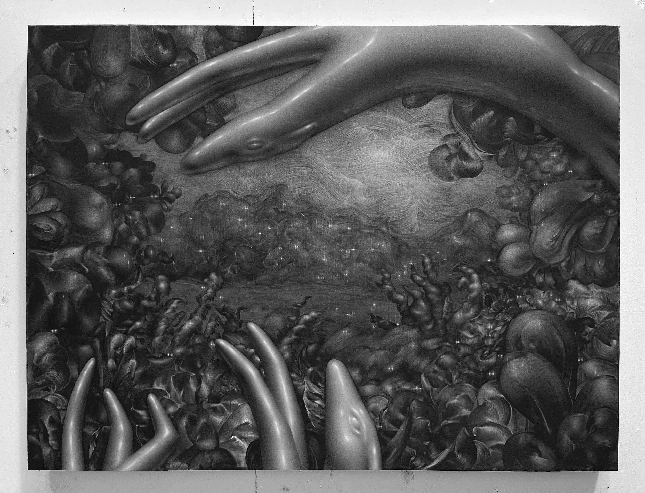   night vision   graphite on linen. 24×36. 2025 