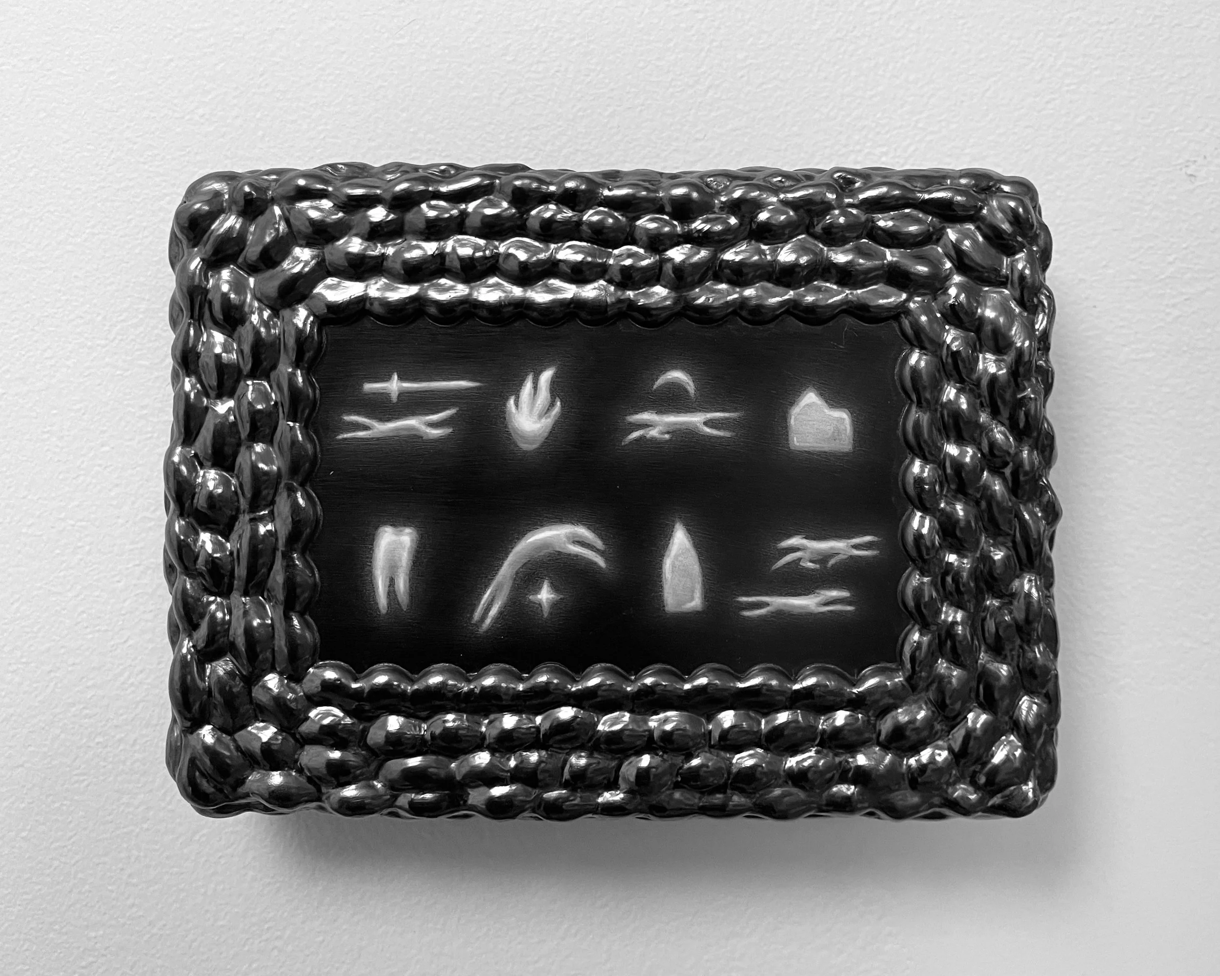   an attempt at order -  view 1    graphite on panel with graphite frame. 5.5×7.5×1.75. 2025 