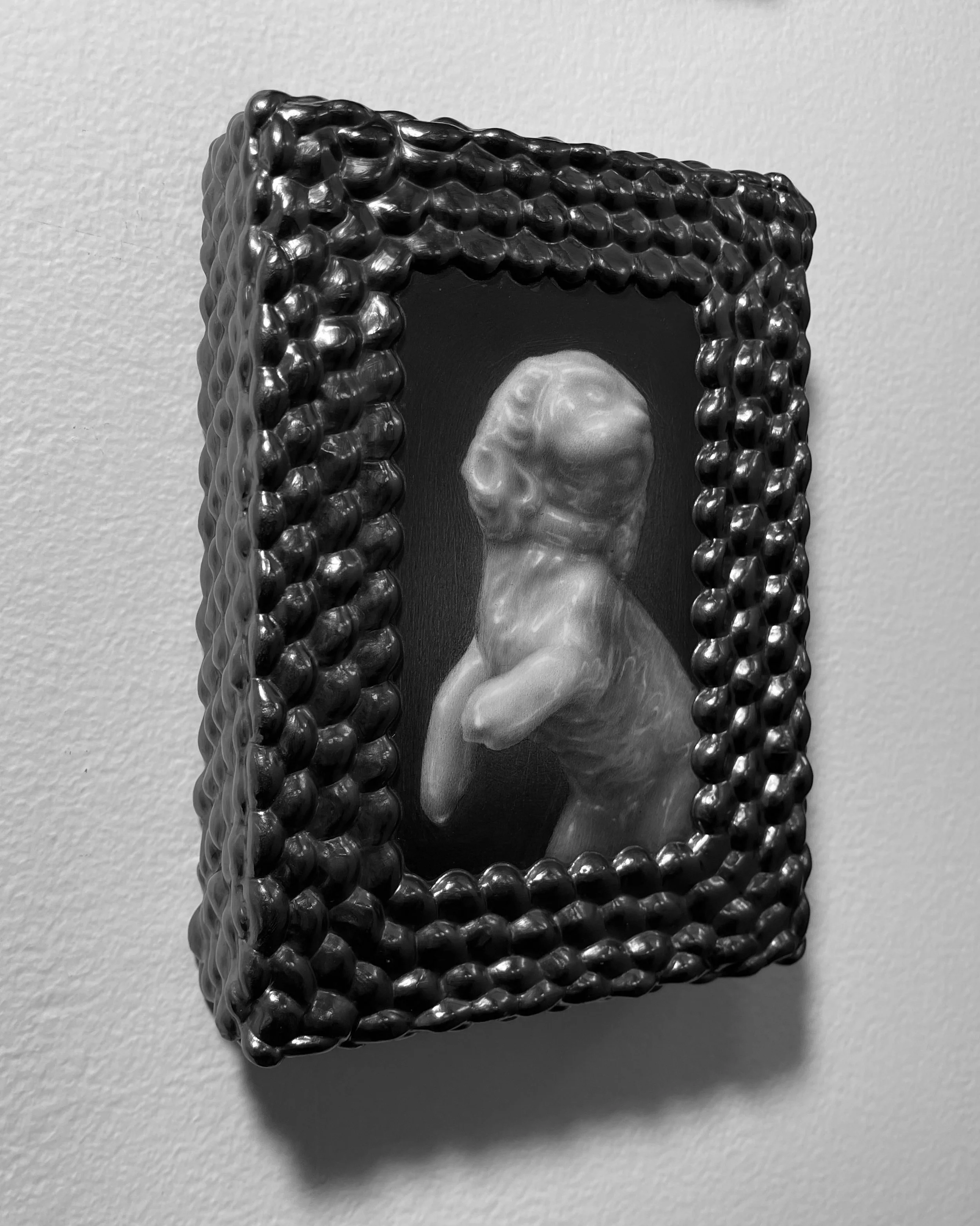   bulwark -  view 2    graphite on panel with graphite frame. 7.5×5.5×1.75. 2025 