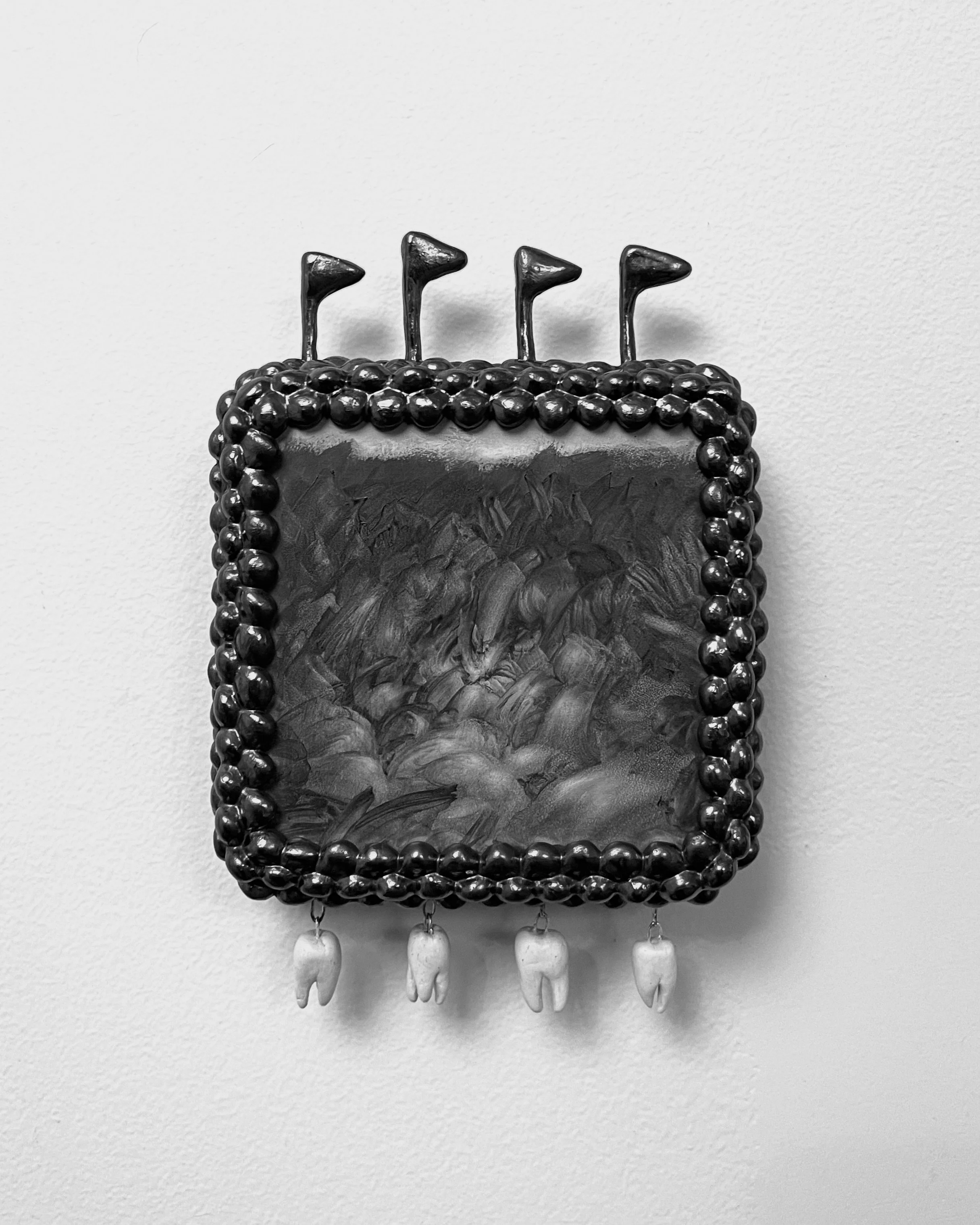   real/real -  view 1    graphite on panel with graphite frame, clay, wire. 7×5. 2026 