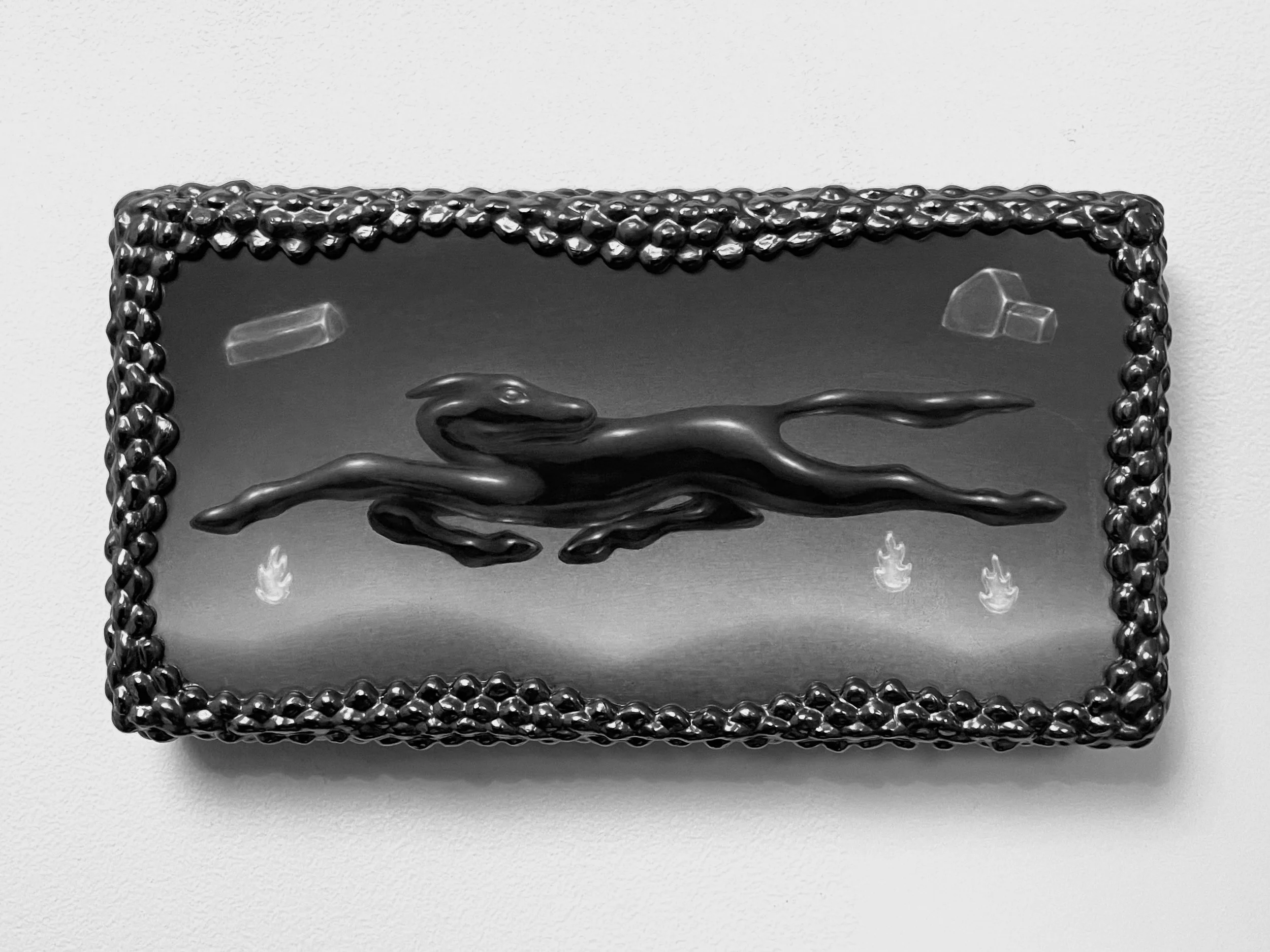   home hunt -  view 1    graphite on panel with graphite frame. 6.5×12.5. 2026 