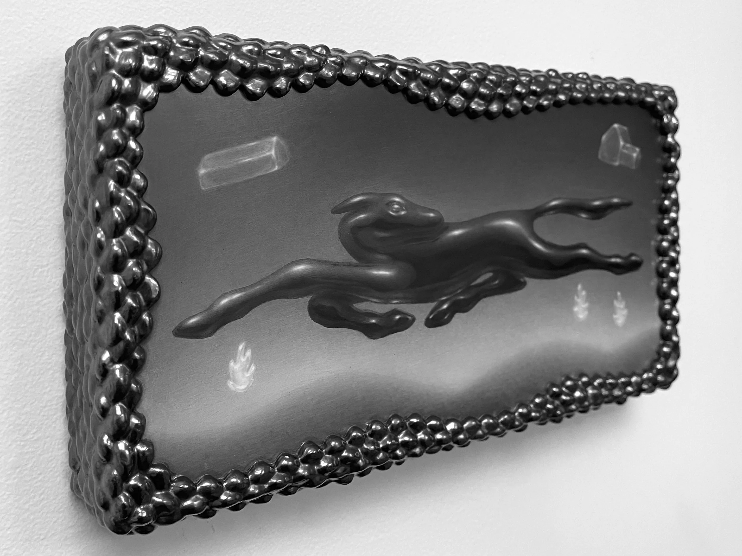   home hunt -  view 2    graphite on panel with graphite frame. 6.5×12.5. 2026 