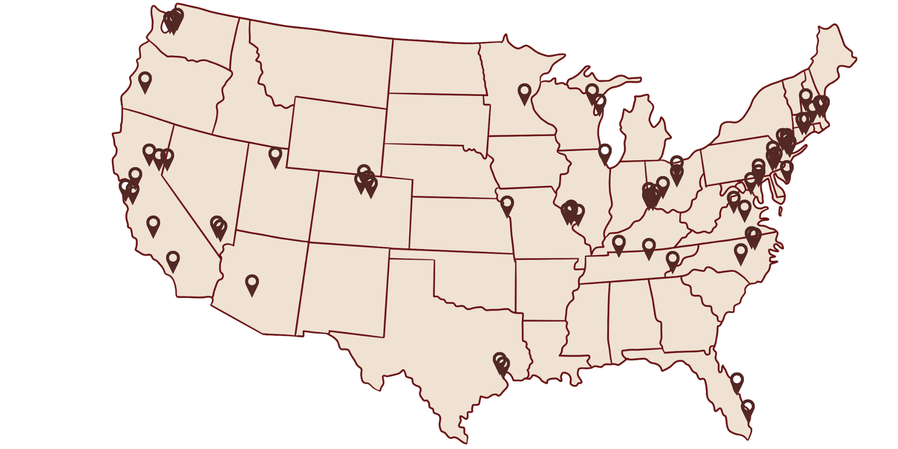 Map of the United States with markers indicating various locations across multiple states.