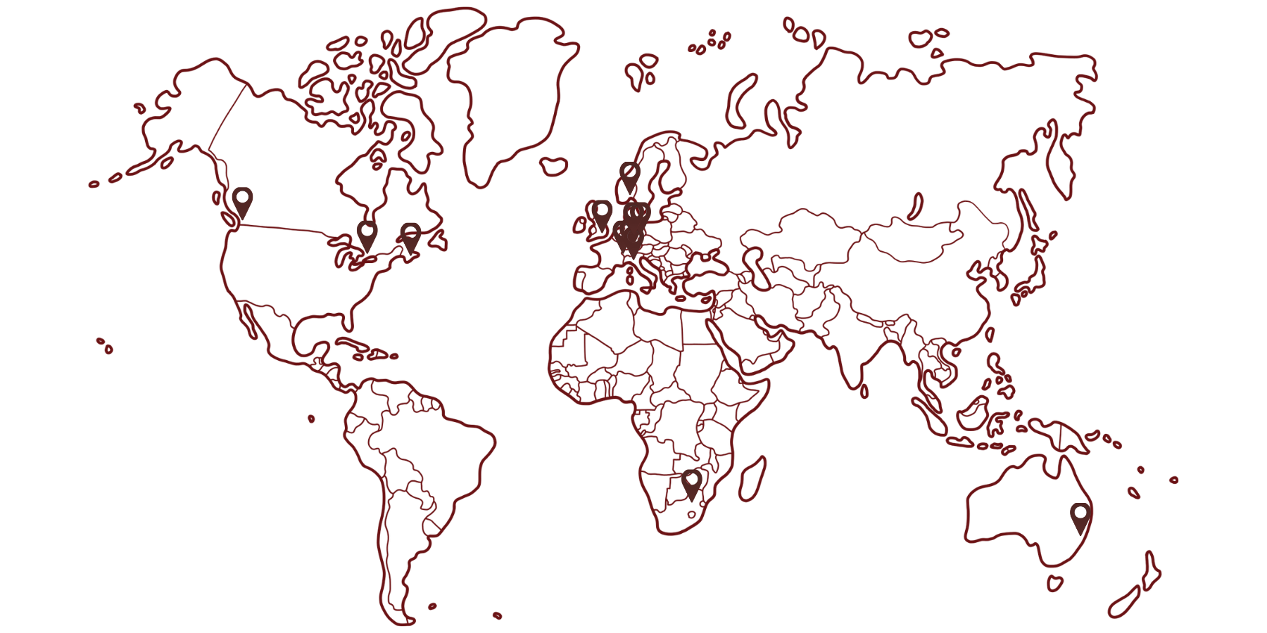 World map outline with location markers in Europe, North America, and Australia on black background.