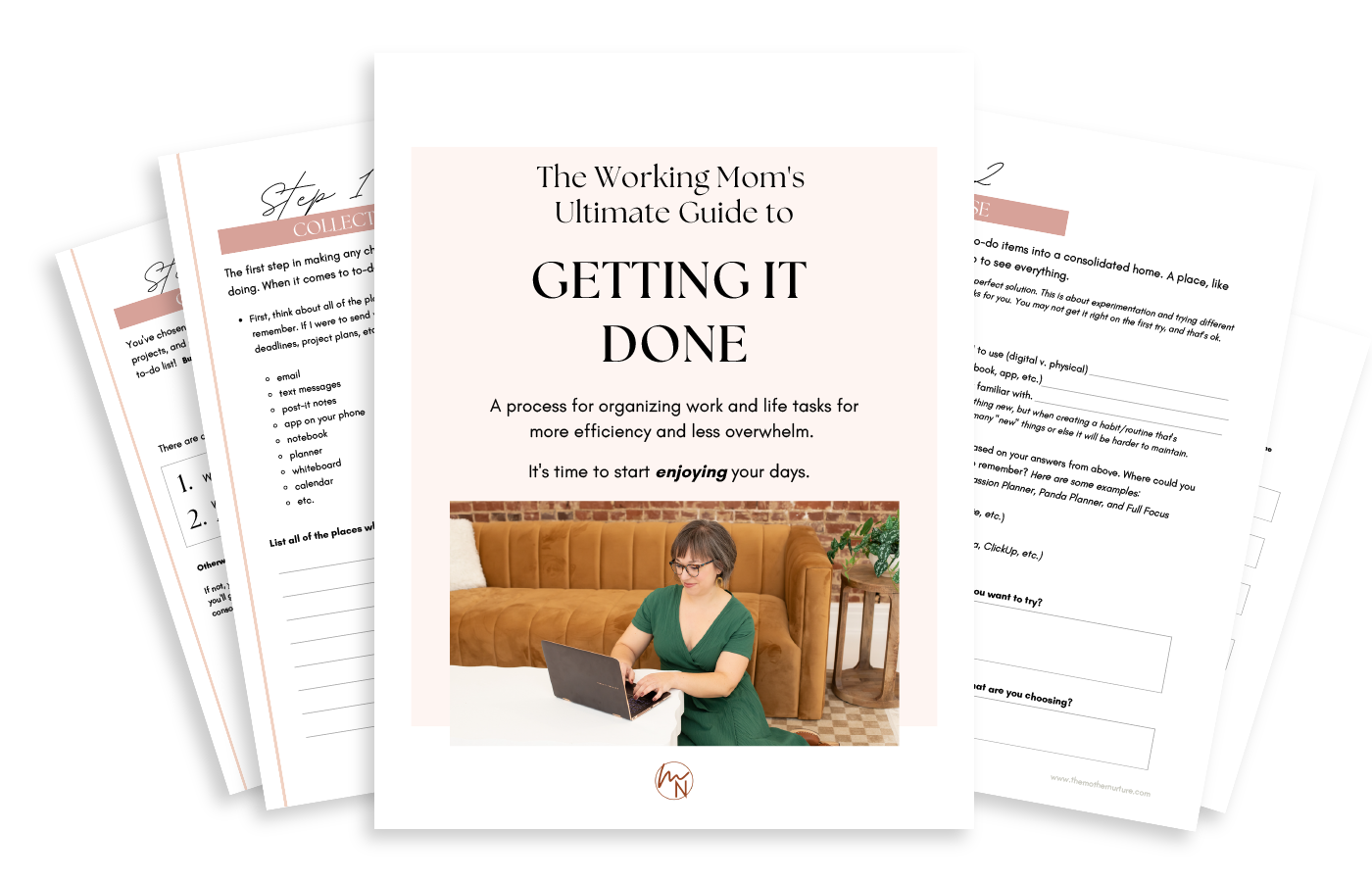 Cover page of a guide titled 'The Working Mom's Ultimate Guide to Getting It Done,' with a woman in a green dress using a laptop on a white table, background of a living room with a brown couch and wooden side table, and a logo at the bottom.