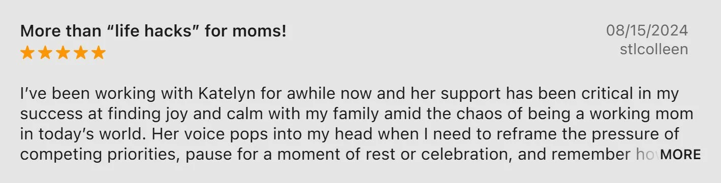 Online review for a service or product, praising Katelyn for support and its positive impact on a working mom's life, with a five-star rating and date of August 15, 2024.