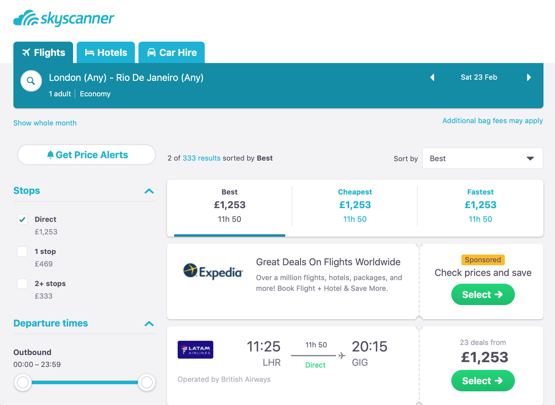 The cheapest flight on 23td February is £1253