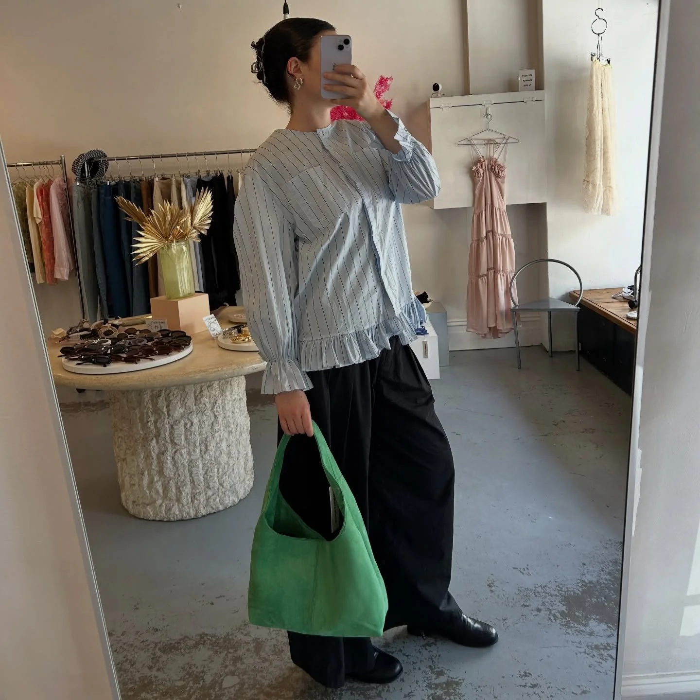 striped button up blouse $79
green slouchy bag $59