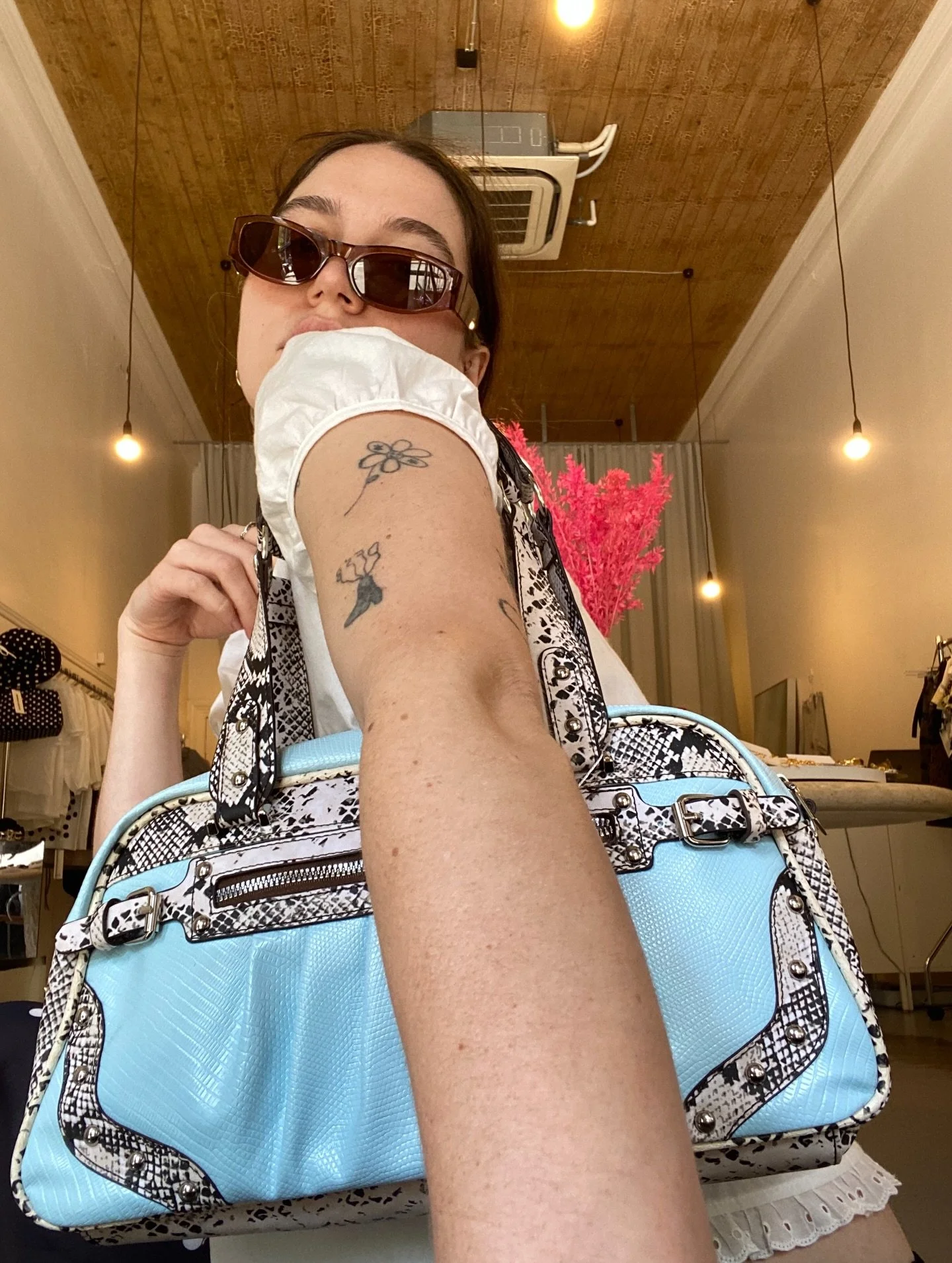 trying on some of our fave new pieces from our new stock drop!

sunnies, y2k bag, sheer skirt &amp; top all in store now 😍

DM for prices &amp; purchase 💋🩷🫶