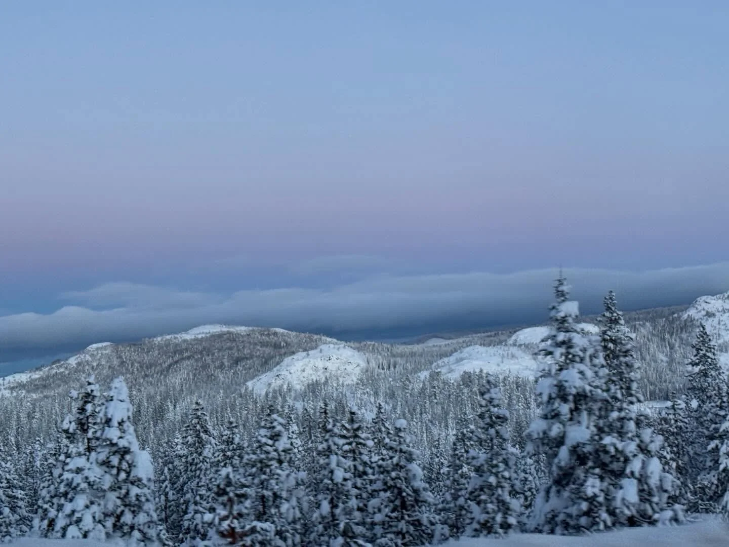 Early bird gets the most magical drive off the mountain this morning. I love how much Erik and I just took it in, the snow covered mountains, the colors waking up the sky as the sun kissed the tree tops! 
Now we need a nap🤍