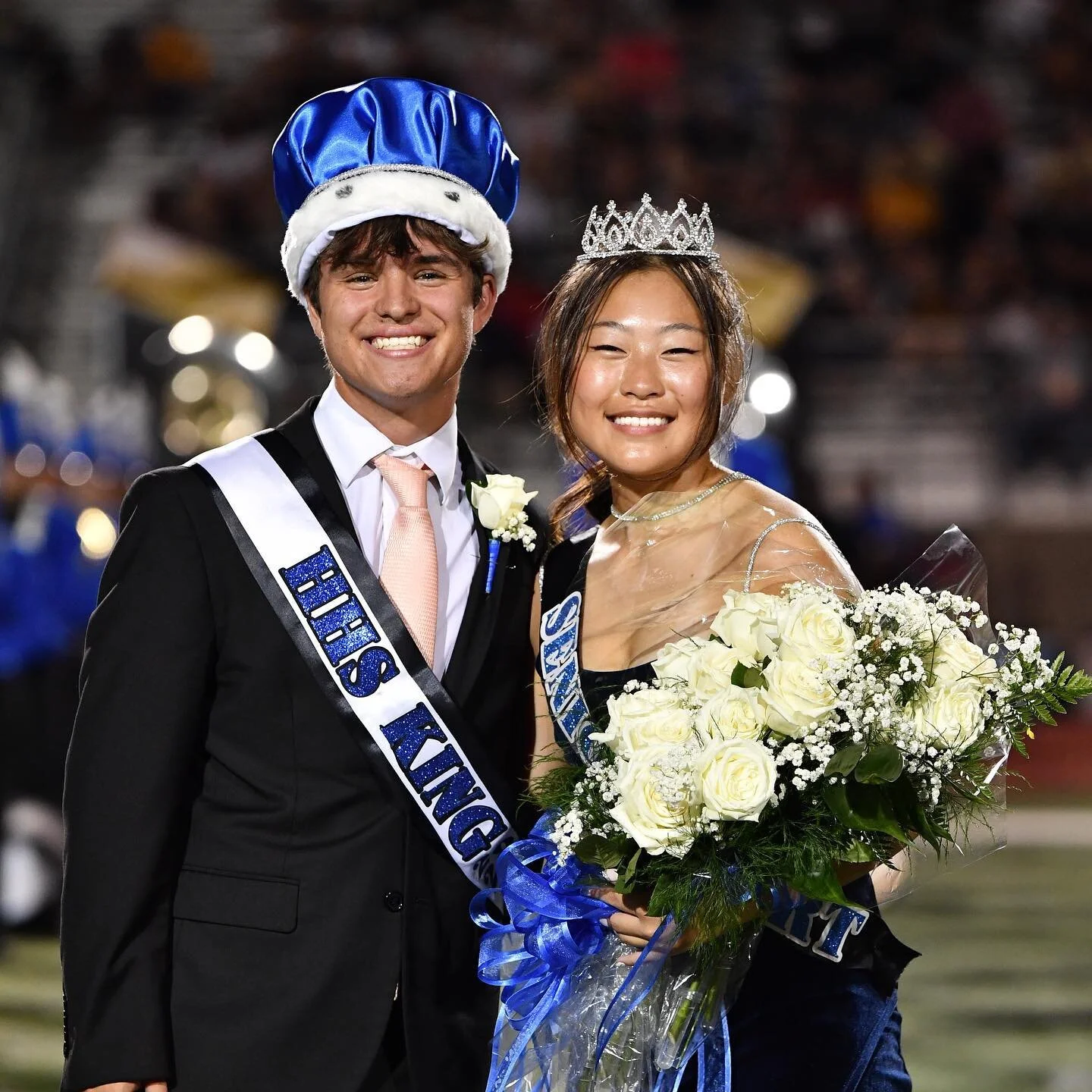 👑🎉 Congratulations to the 2023 Hebron High School Homecoming King and Queen! 🎉👑 Our very own Trumpet player, Homecoming King Wesley Winkler, and Homecoming Queen Drum Major, Chan-hee Kim, reign supreme tonight! 🎺🥁 They were crowned with honor b