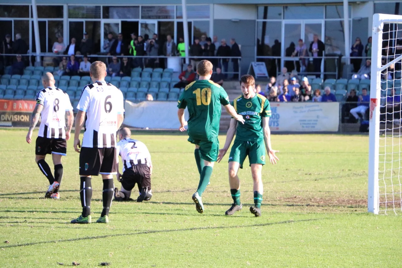 Bryce Conway celebrates scoring his second goal with Alex Kretowicz - Photo Courtesy of Gabriele Maluga