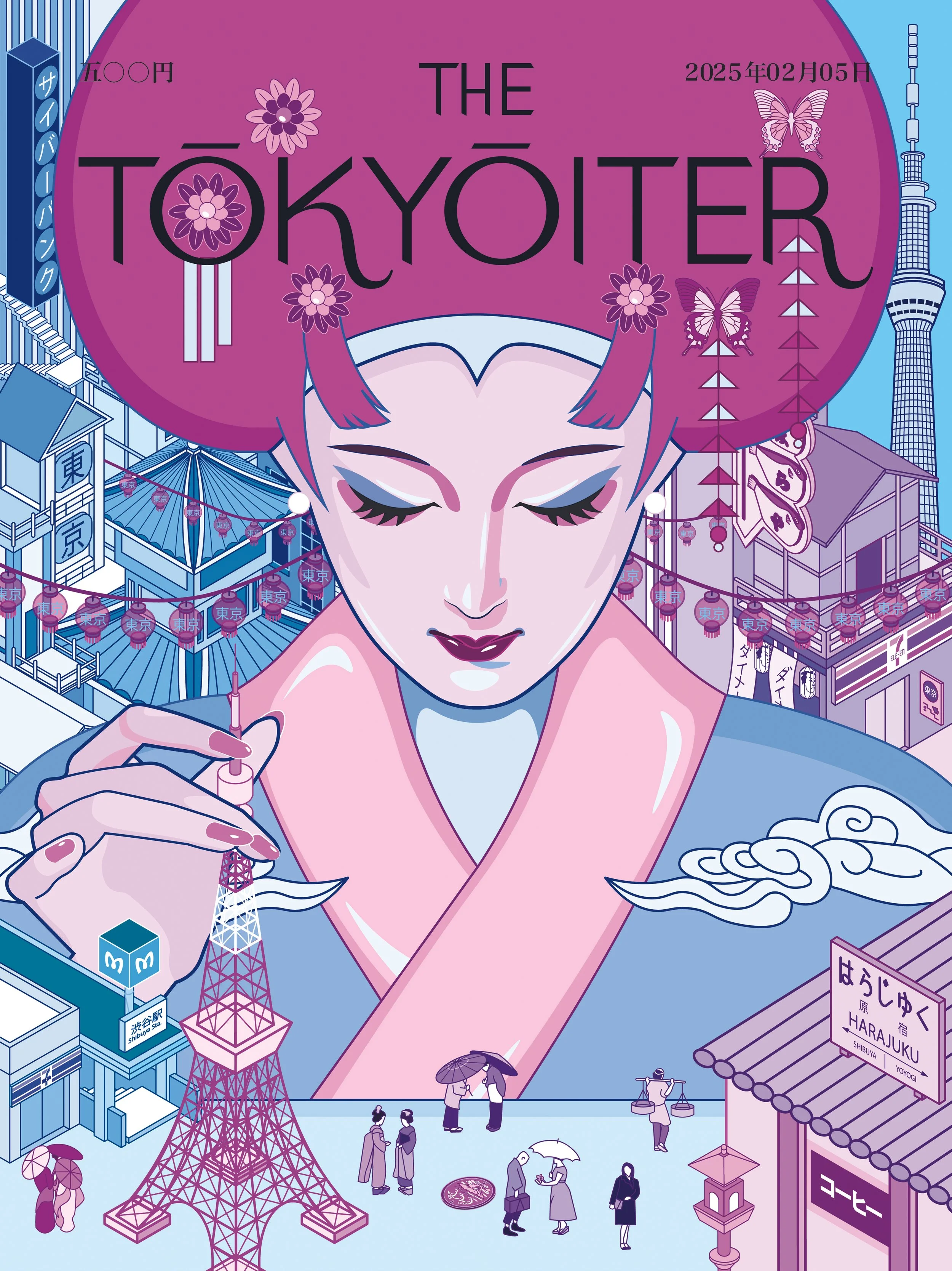 Past looks at Future, is an art cover inspired by the city of Tokyo, focusing on its balance between tradition and innovation. A Geisha composes the new Tokyo as in an architectural model, by adding elements that are part of the modern city. The ill