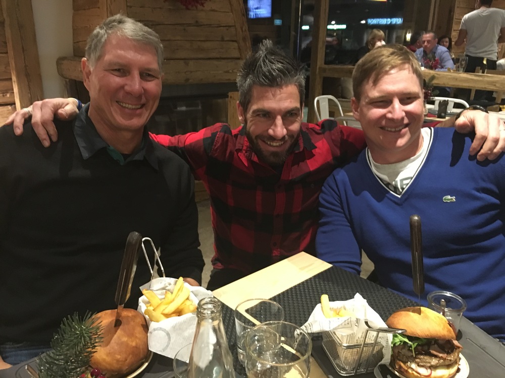  Dad and brother with Alex (middle) , the owner of the only burger restaurant in Livigno, Why Not? All their dishes are made fresh from scratch right there and their menu even features a Cape Town burger. (Alex loves South Africa, and got the idea fo