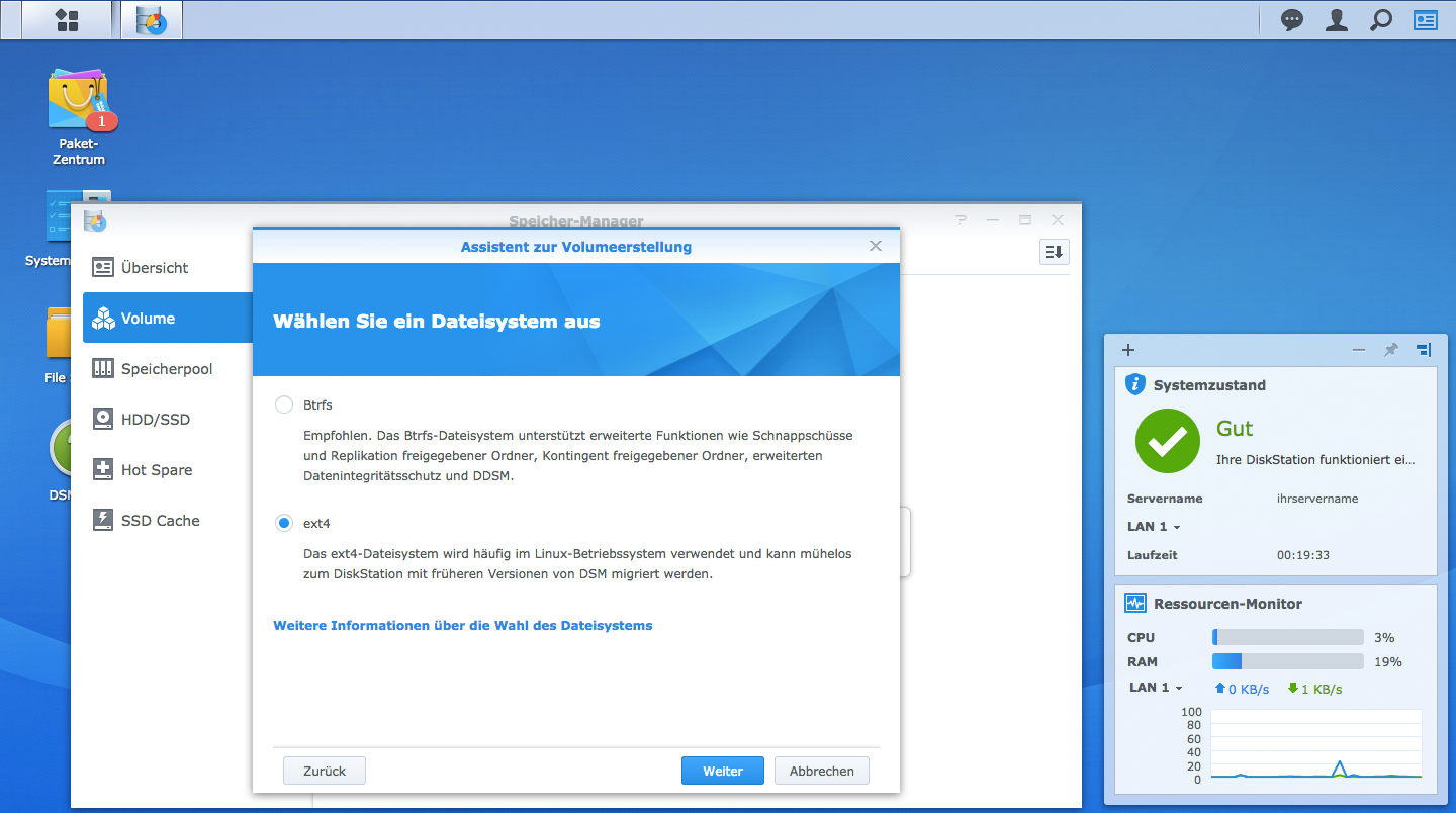 Next step is the selection of the file system. We have chosen ext4. Further information about the choice of file systems can be found directly in this window..
