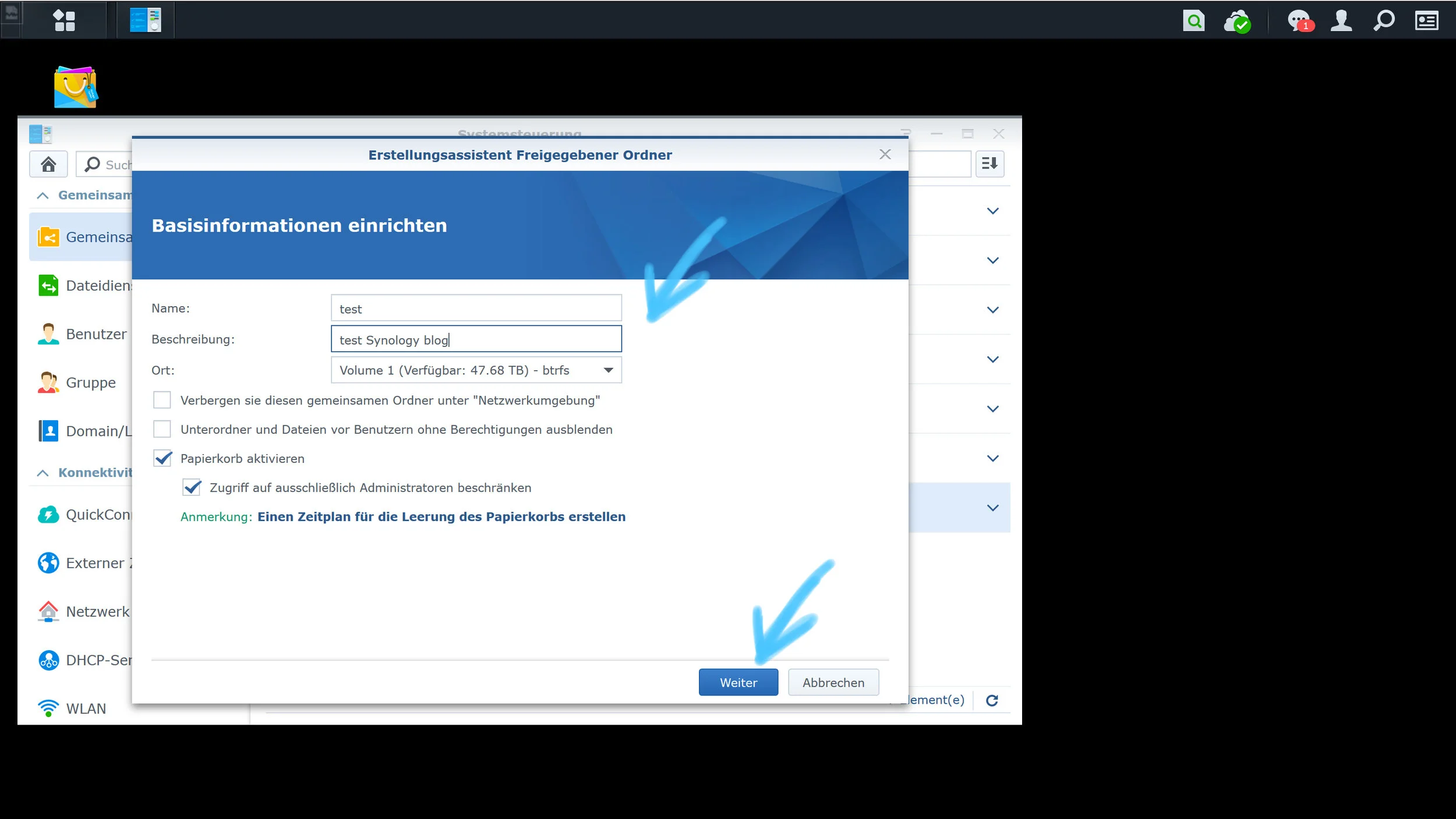 4. Enter the name and description in the displayed fields and press the “next” button. (Weiter)