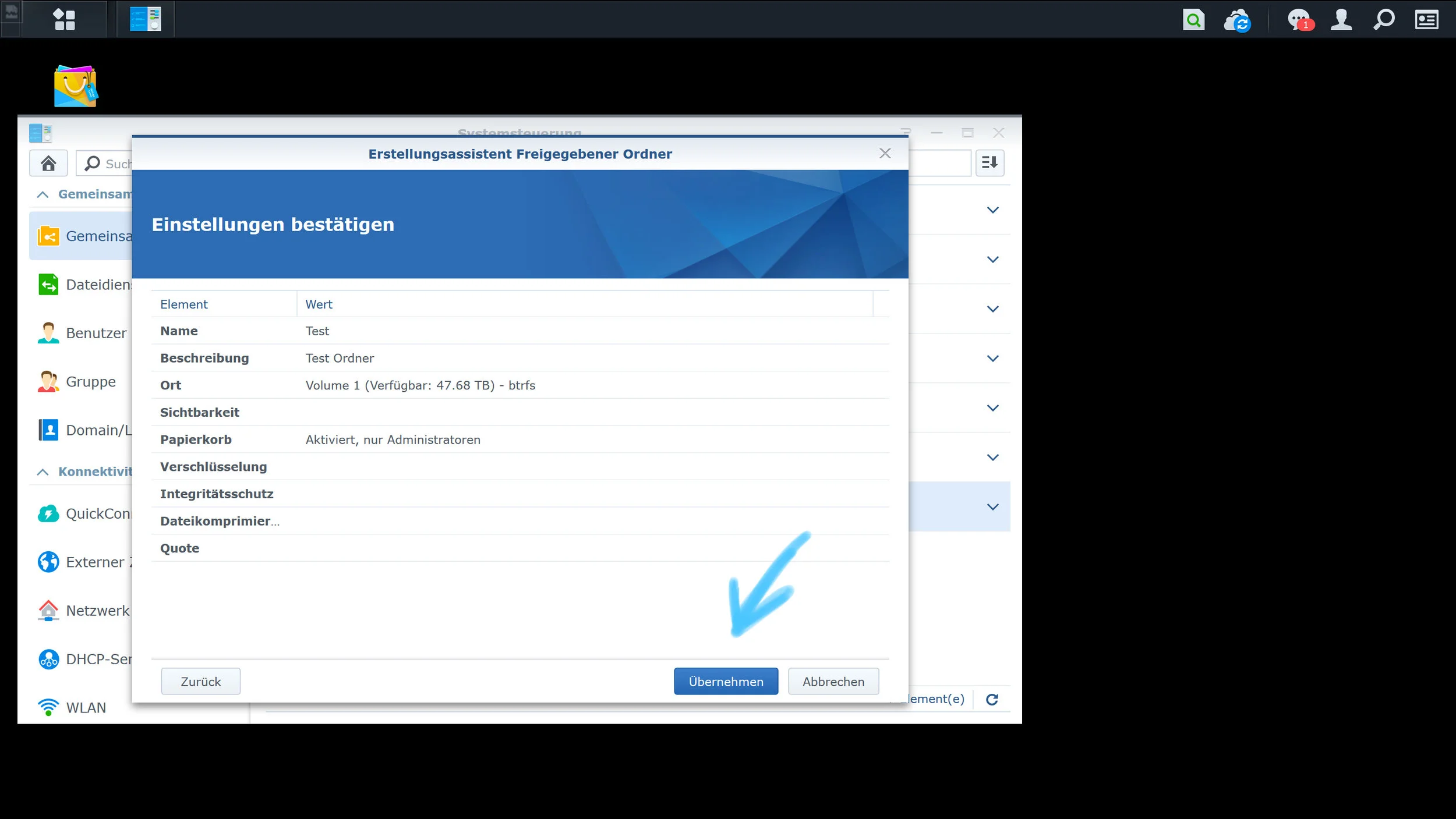 7. Now the settings have to be confirmed. Press the “confirm” button. (Übernehmen)