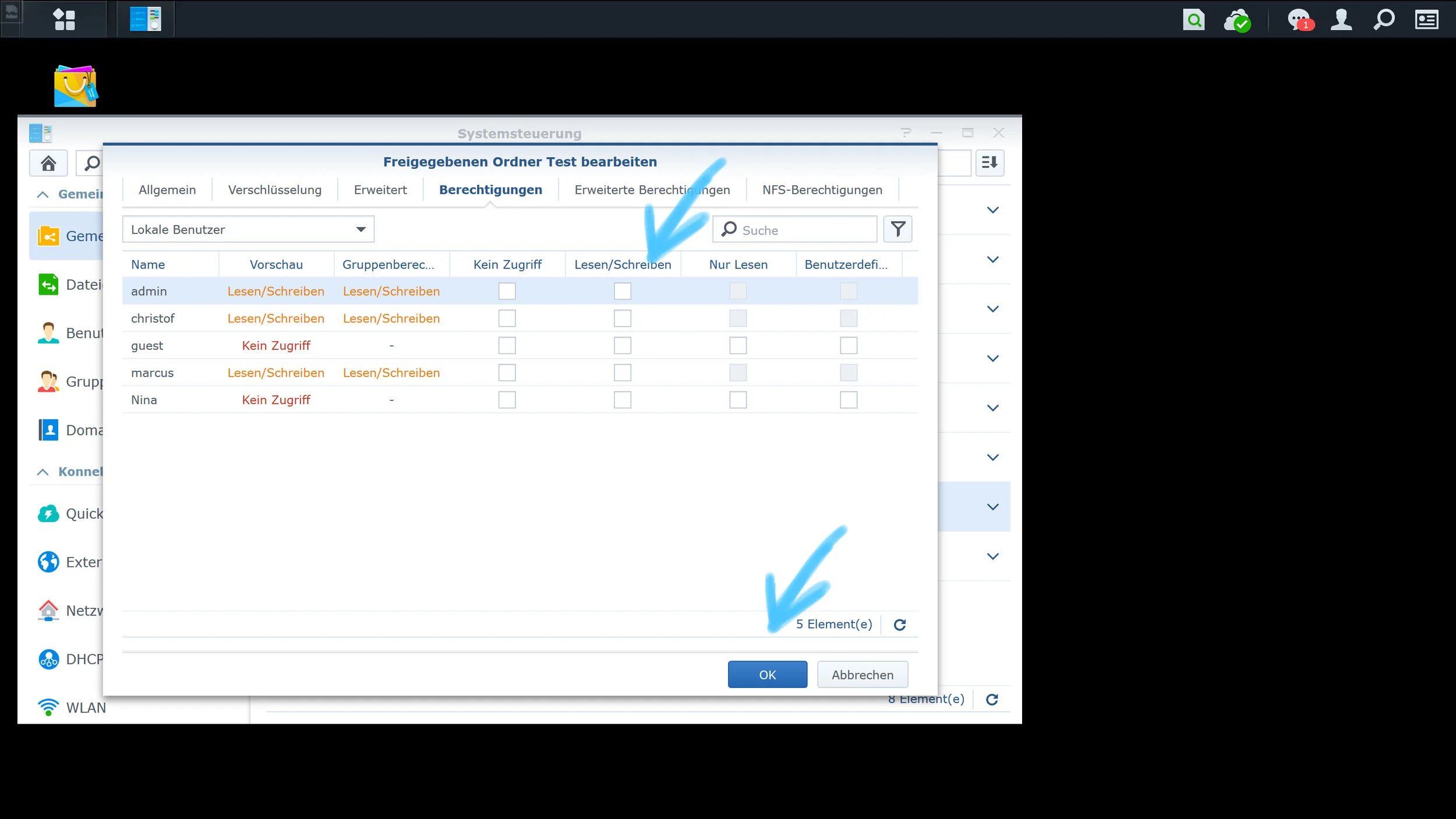8. Here you can assign the access rights for this folder. After you have chosen the access rights, please press the ”OK” button.