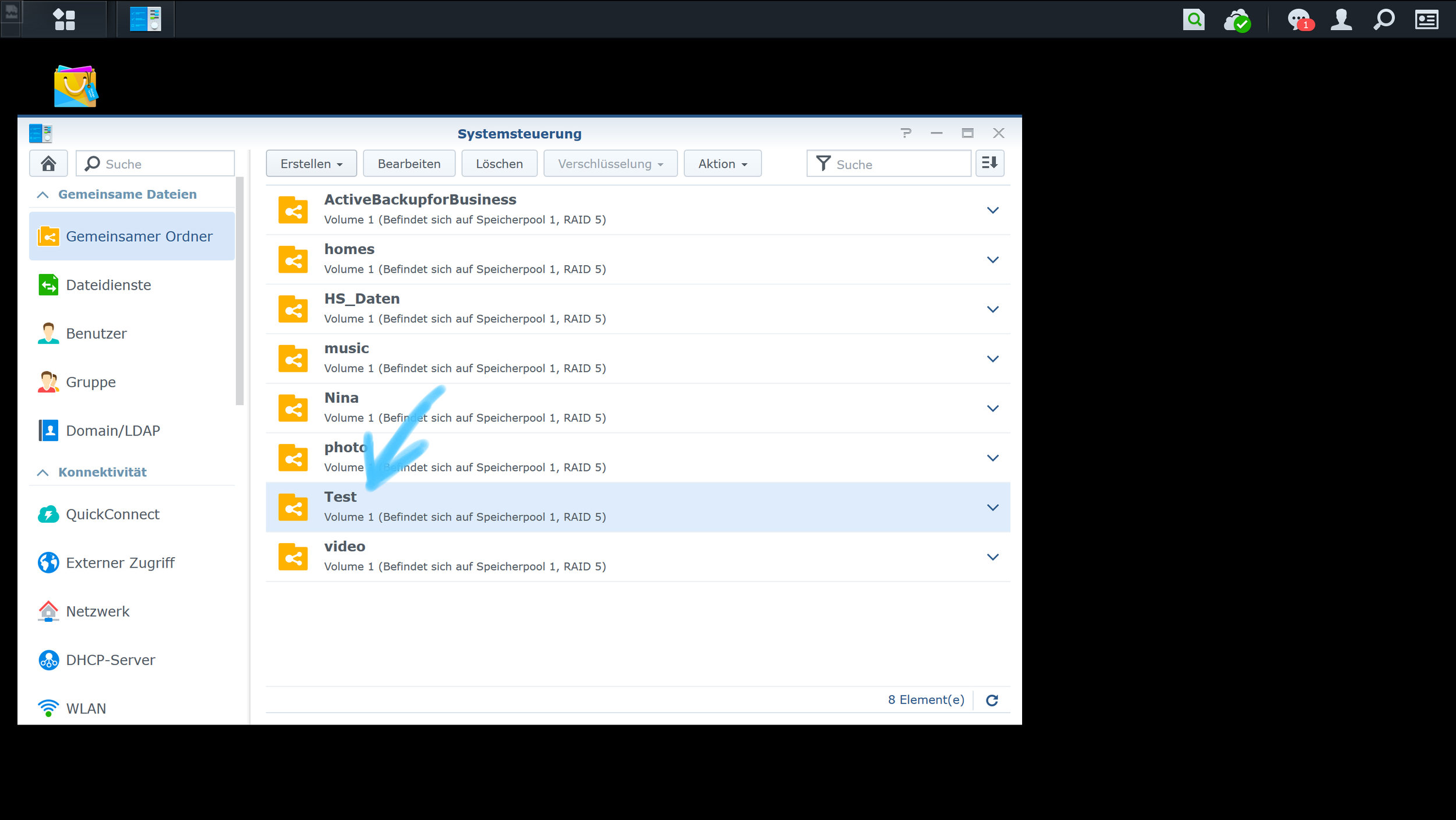 9. After you've confirmed everything, the shared folder can be used. The created “shared folder” is now displayed in the system control panel (Systemsteuerung)
