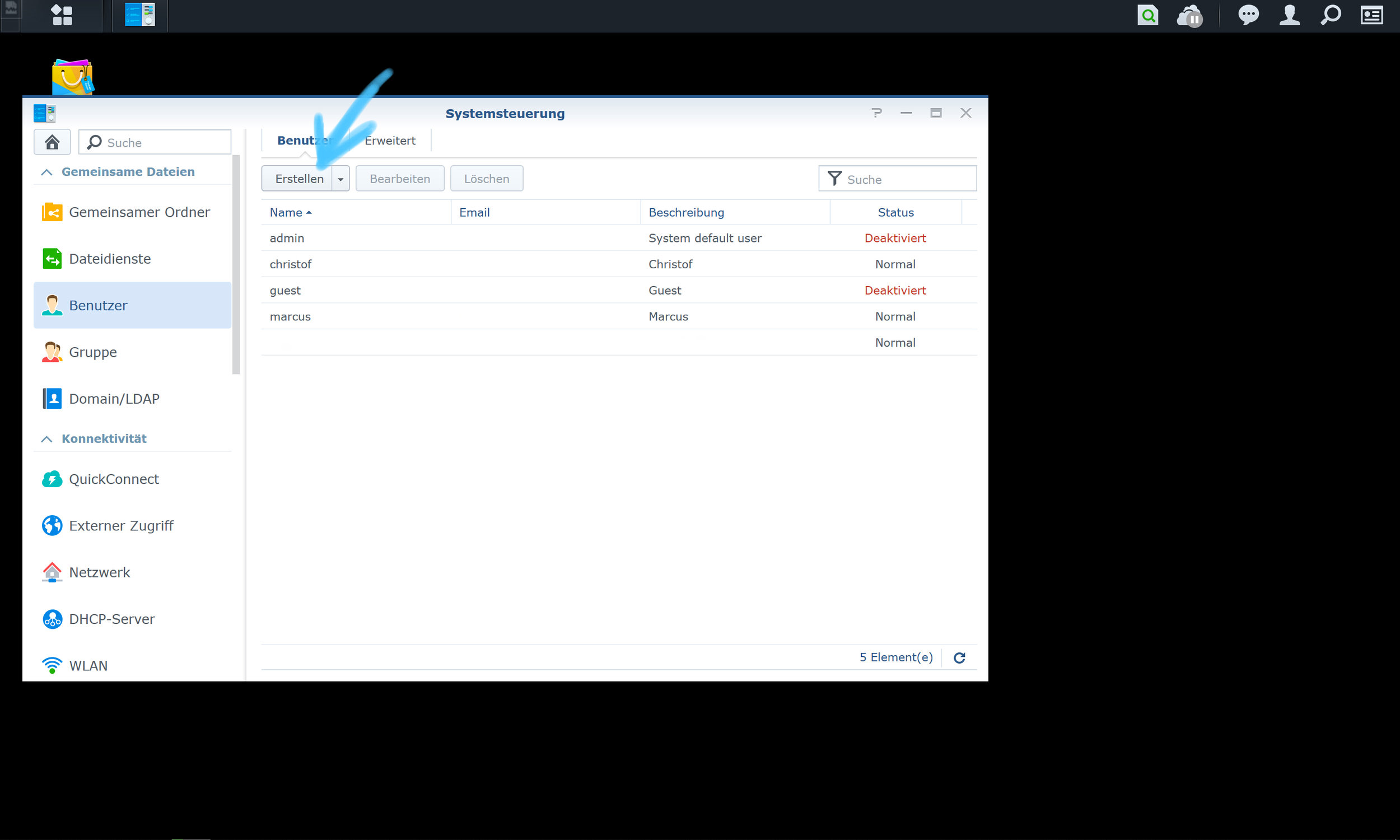 3. Go to the creat buttom and select create “new user” (Neuer Benutzer).
