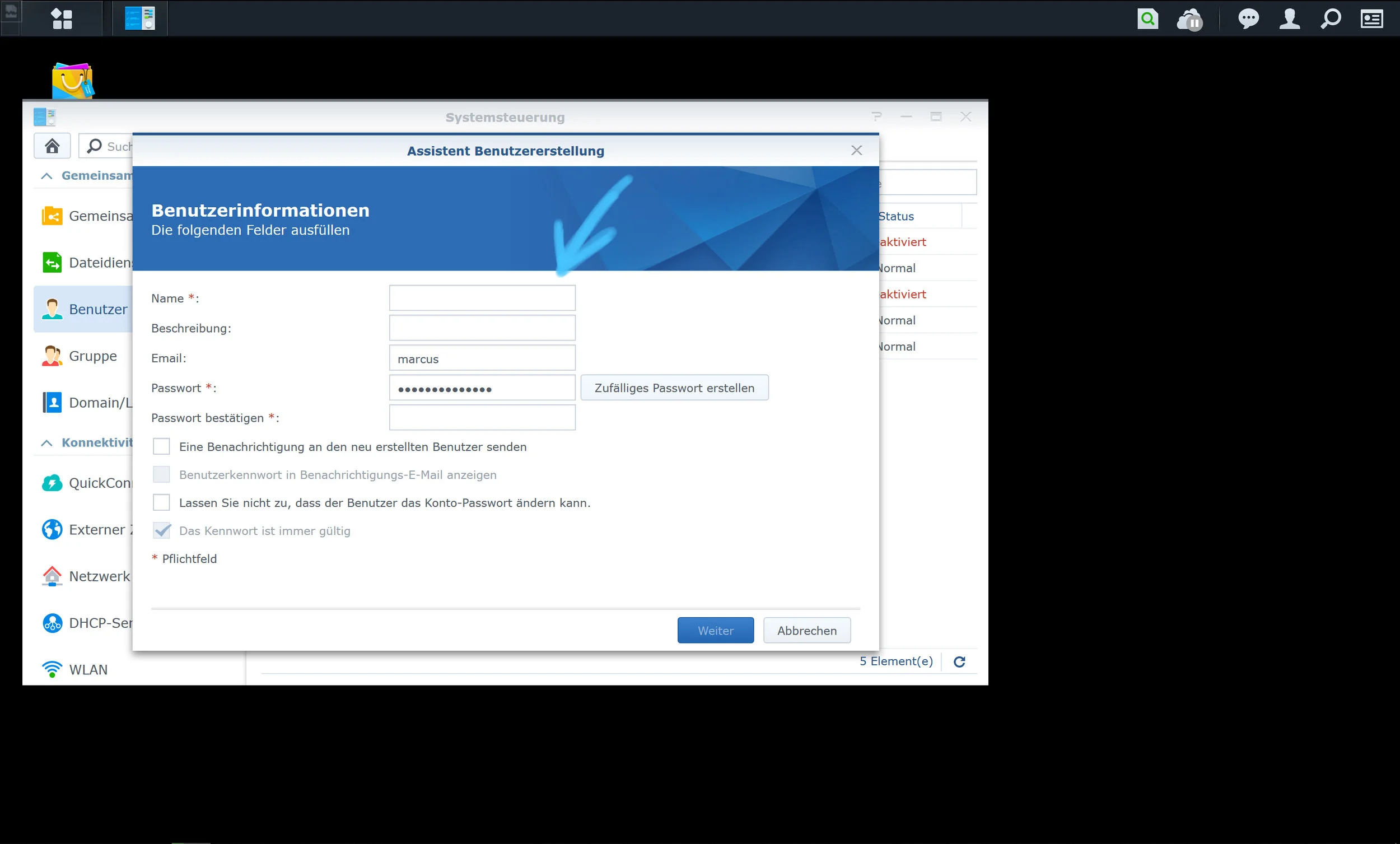 4. Please enter the data of the new user into the appropriate fields.