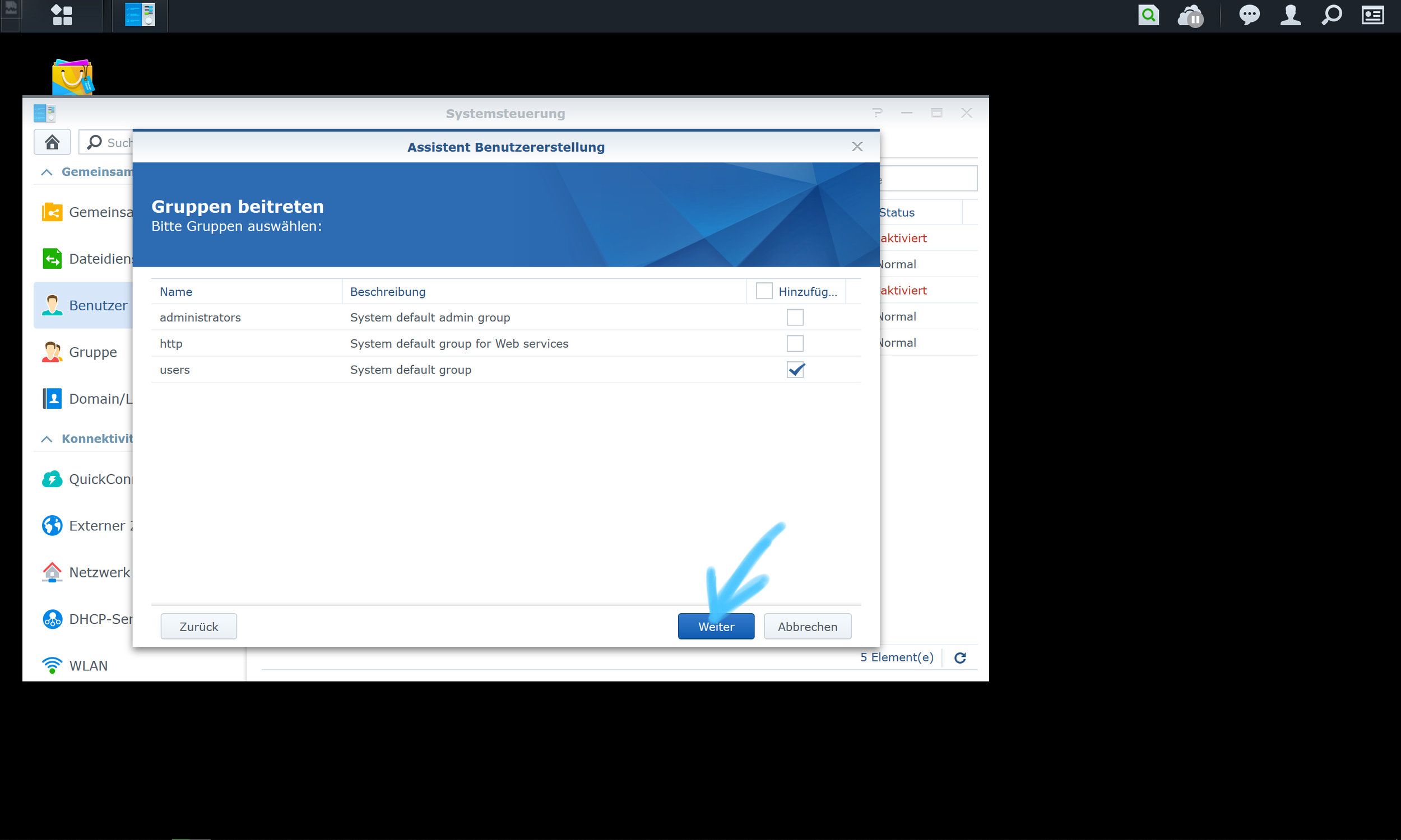 6. Here you can choose and click to which group the new user belongs. In this case we have set up the “new user” is a normal user. Click “NEXT” (Weiter).