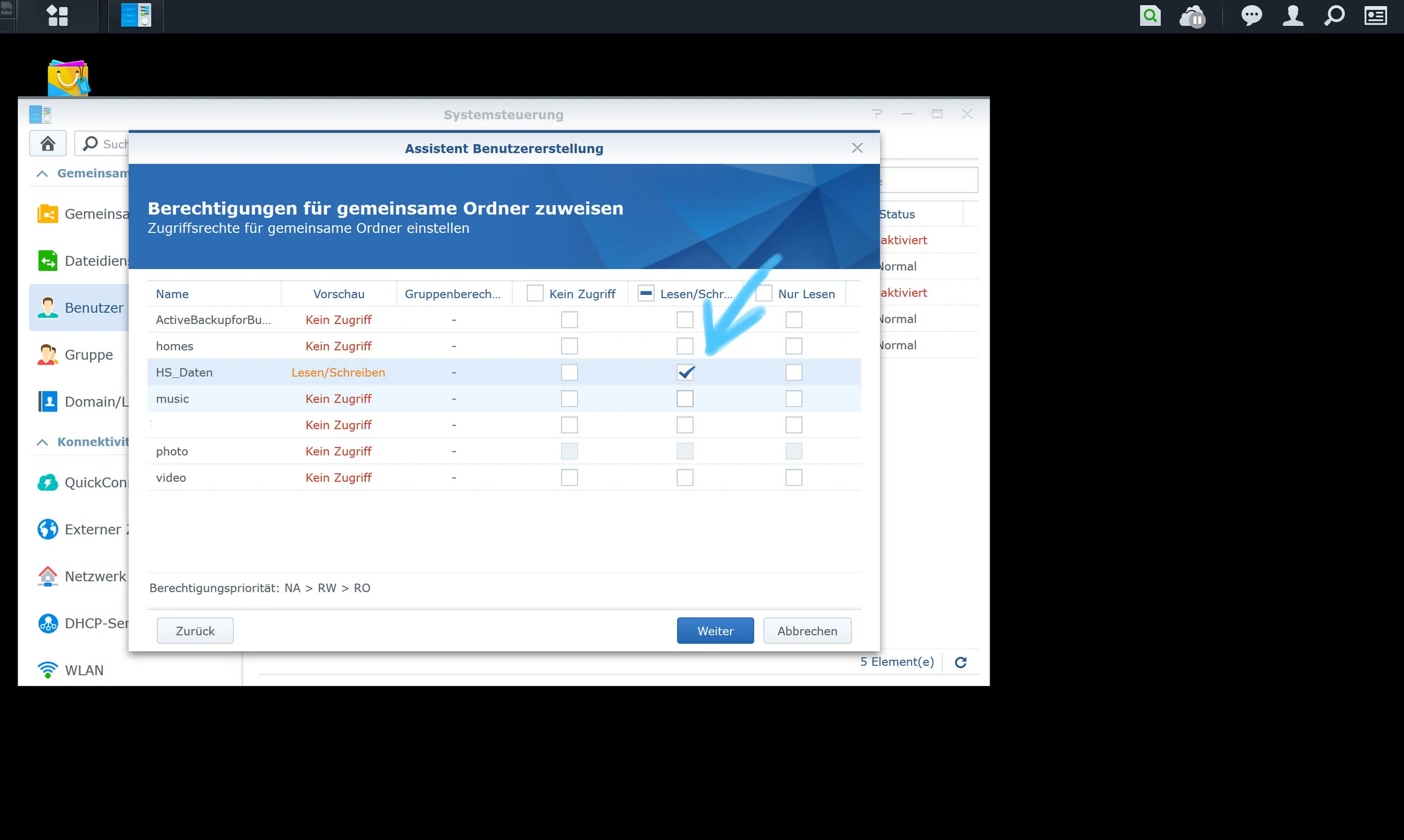 7. Now the permissions of the new user are set. In this case and example he only has read and write permissions on the shared folder "HS-data". Then click on the "NEXT" button (Weiter).