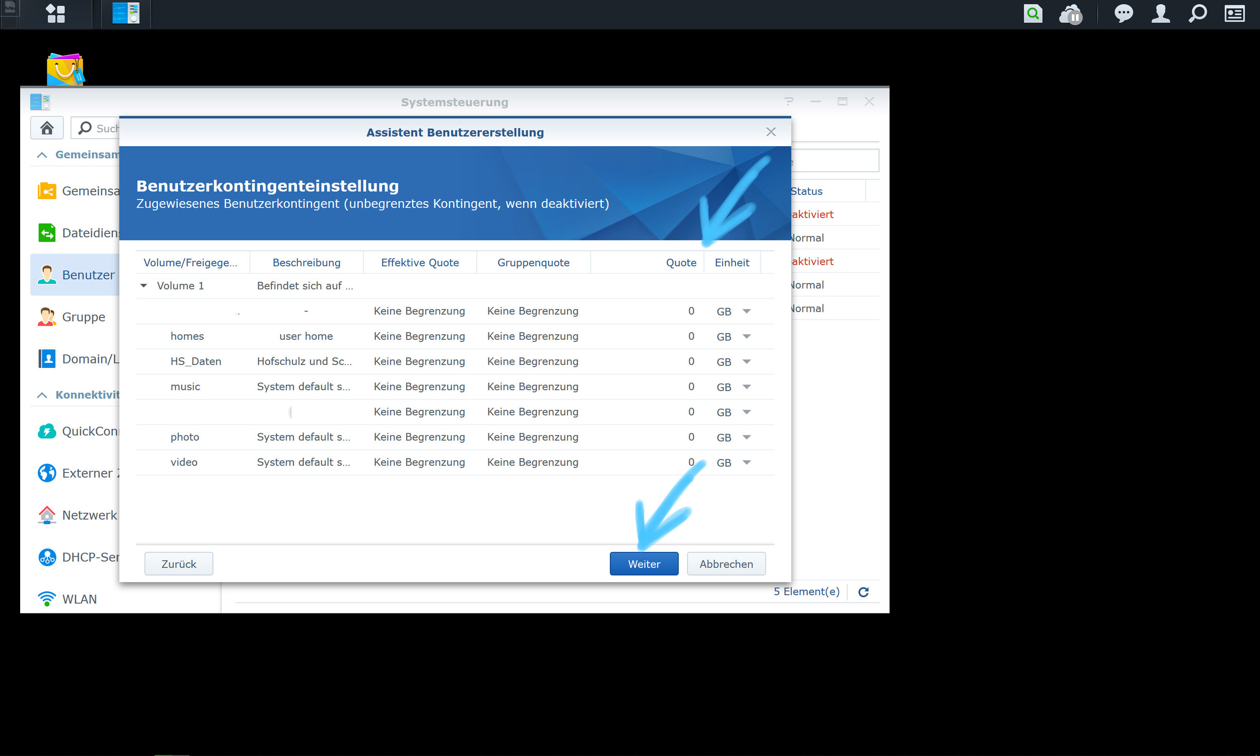 8. Now the user contingent will be defined. Here you can set which storage space size is available for the new user (Neuer Benutzer). If the quota is set to 0, there is no limit. After you finished seting up the storage space, please press the “NEXT” button (Weiter).