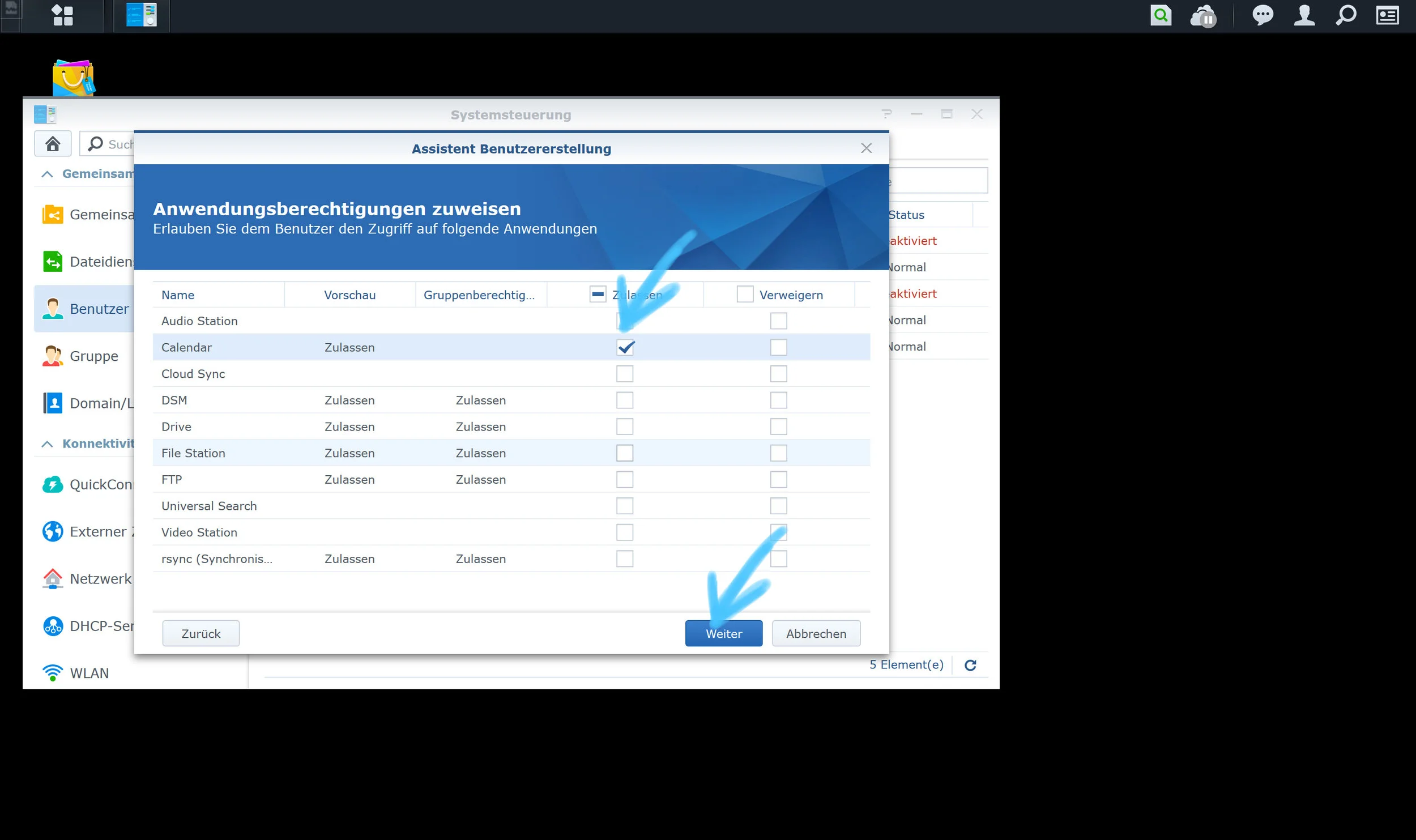 9. Based on the application overview, the “new user” (neuer Benutzer) must be released the applications he needs. This is just a click in the checkbox. In our case, we will share the calendar with the new user. A release for further applications can take place at any time afterwards. Then press the “NEXT” button (Weiter).