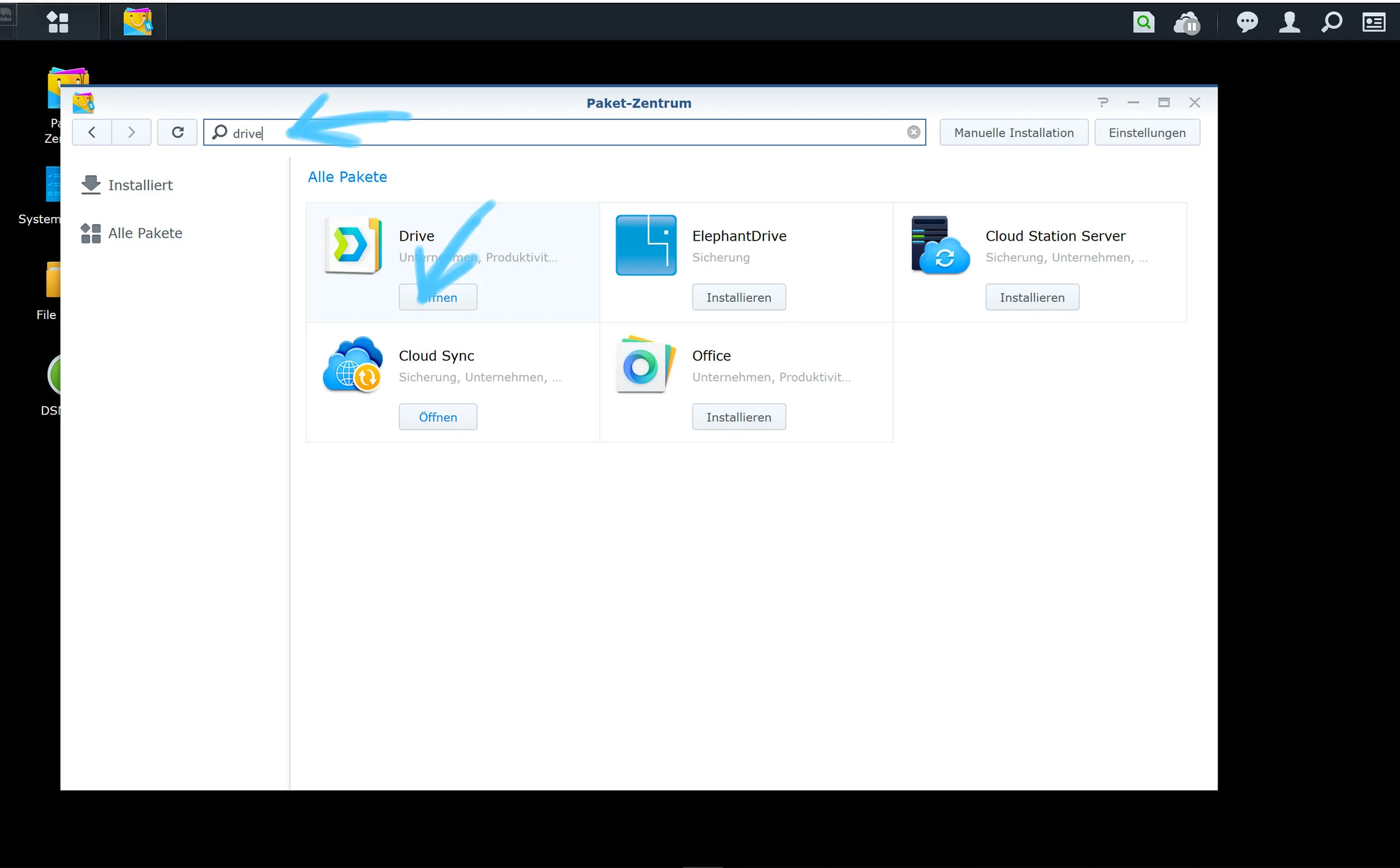 3. The “Package Center” (Paketzentum) window opens. Enter "drive" in the search bar. The package "drive" is displayed immediately. Click on install in the "drive" tile. Please follow the steps during the installation. Synology Drive is now installed on your NAS. Please note: On our NAS, this application is already installed, so you will see "open" instead of "install" on the application button.