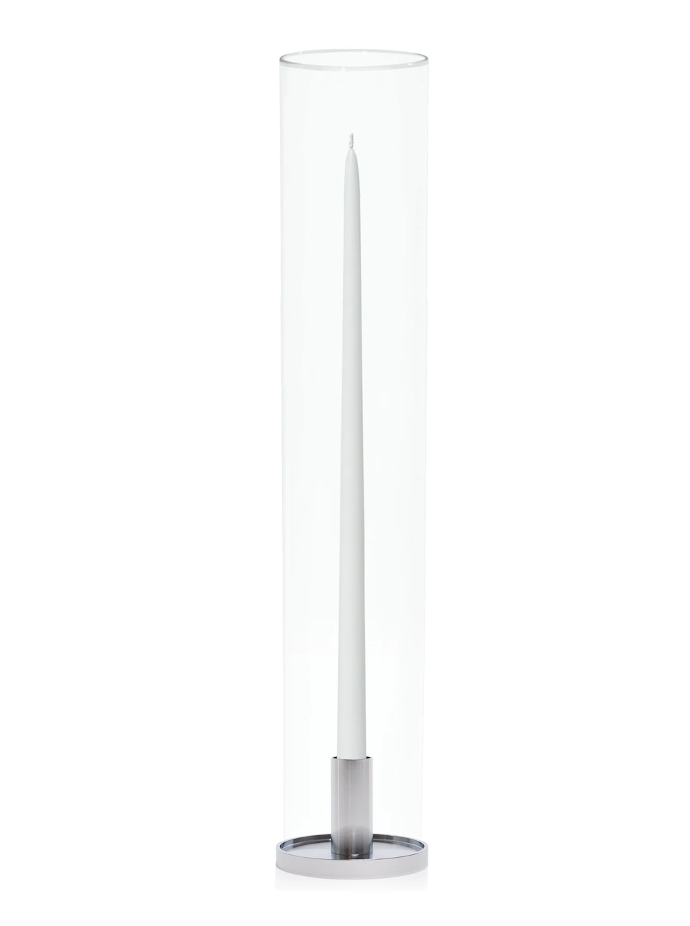 Silver taper candle holder with glass sleeve hire.png