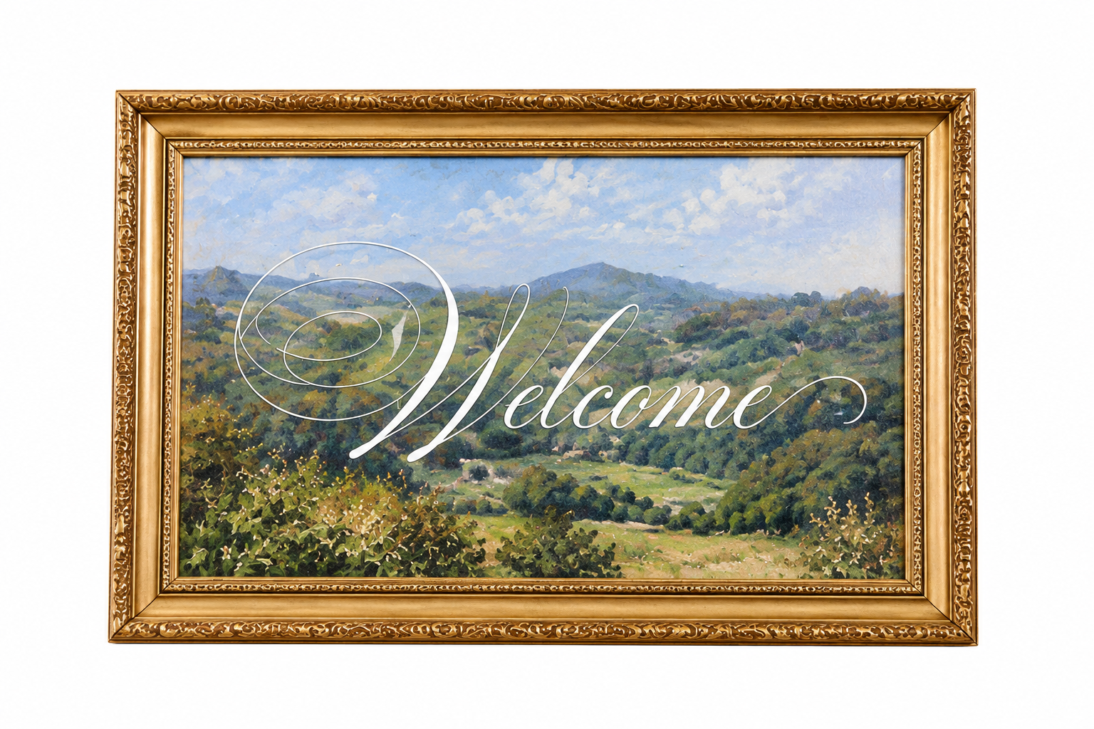 Painting welcome sign in gold frame.png