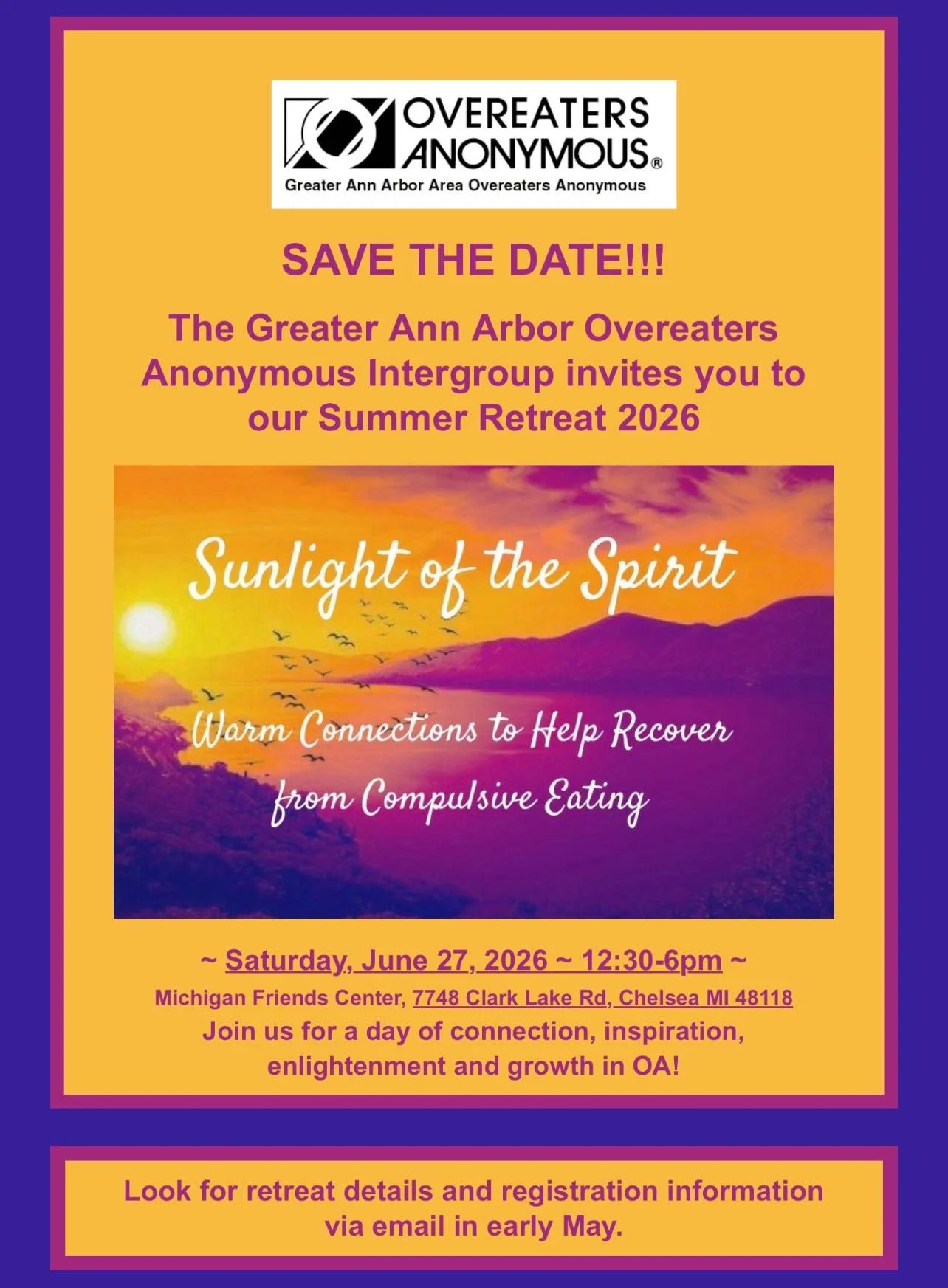 Save the Date: "Sunlight of the Spirit--Warm Connections to Help Recover from Compulsive Eating"