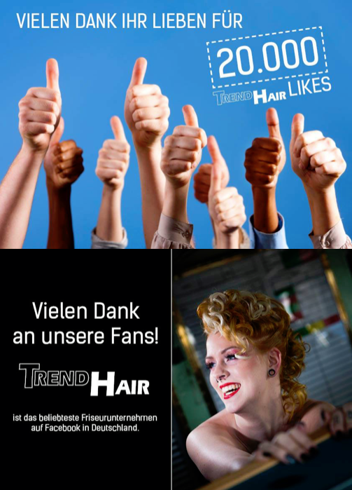 Herzlichen Glückwunsch! Trend Hair aus Oldenburg https://business.facebook.com/Trendhair/?business_id=1023924744325491 ist inzwischen das Friseurunternehmen mit der größten Anzahl von Fans (20913) in Deutschland. In der Region Oldenburg/Bremen/Emsland gehört Trend Hair schon seit Jahren zu den größten und aktivsten Friseurunternehmen und bildet Jahr für Jahr über 30 neue Azubis aus die regelmäßig in der eigenen Trend Hair Academy in Oldenburg trainiert werden.