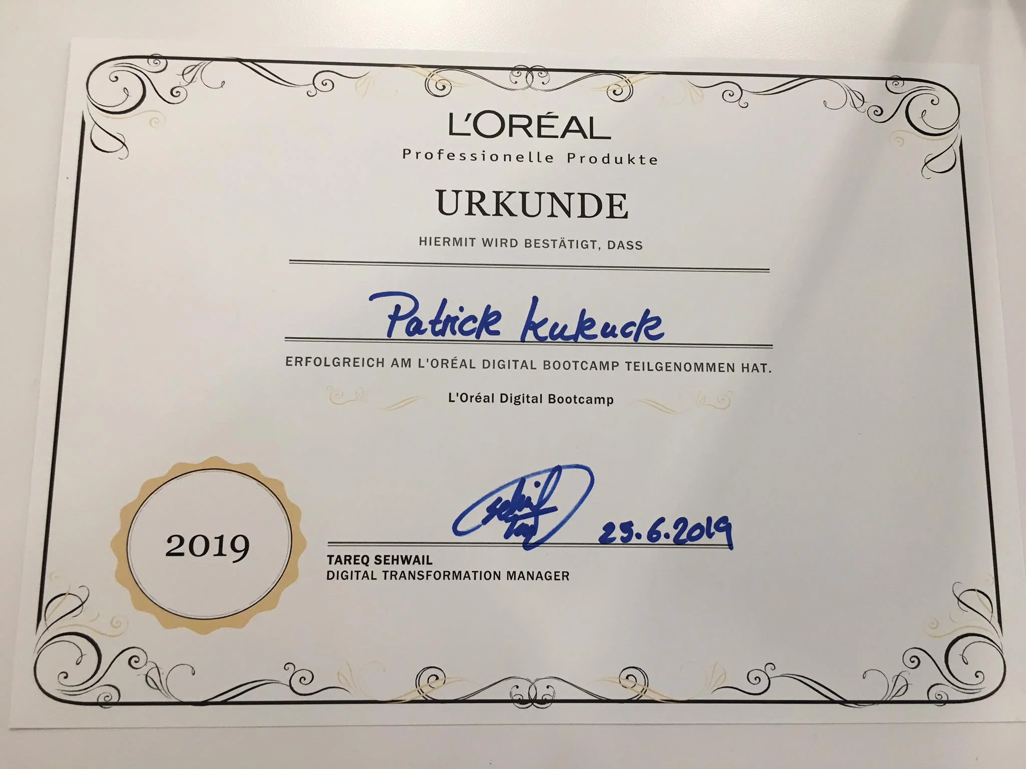 Urkunde für die Teilnahme am Digital Bootcamp von Loreal Professionnel in Berlin👌✍️👏 Es war sehr interessant und informativ✌️und auf https://www.instagram.com/kukuck_marketingberater/