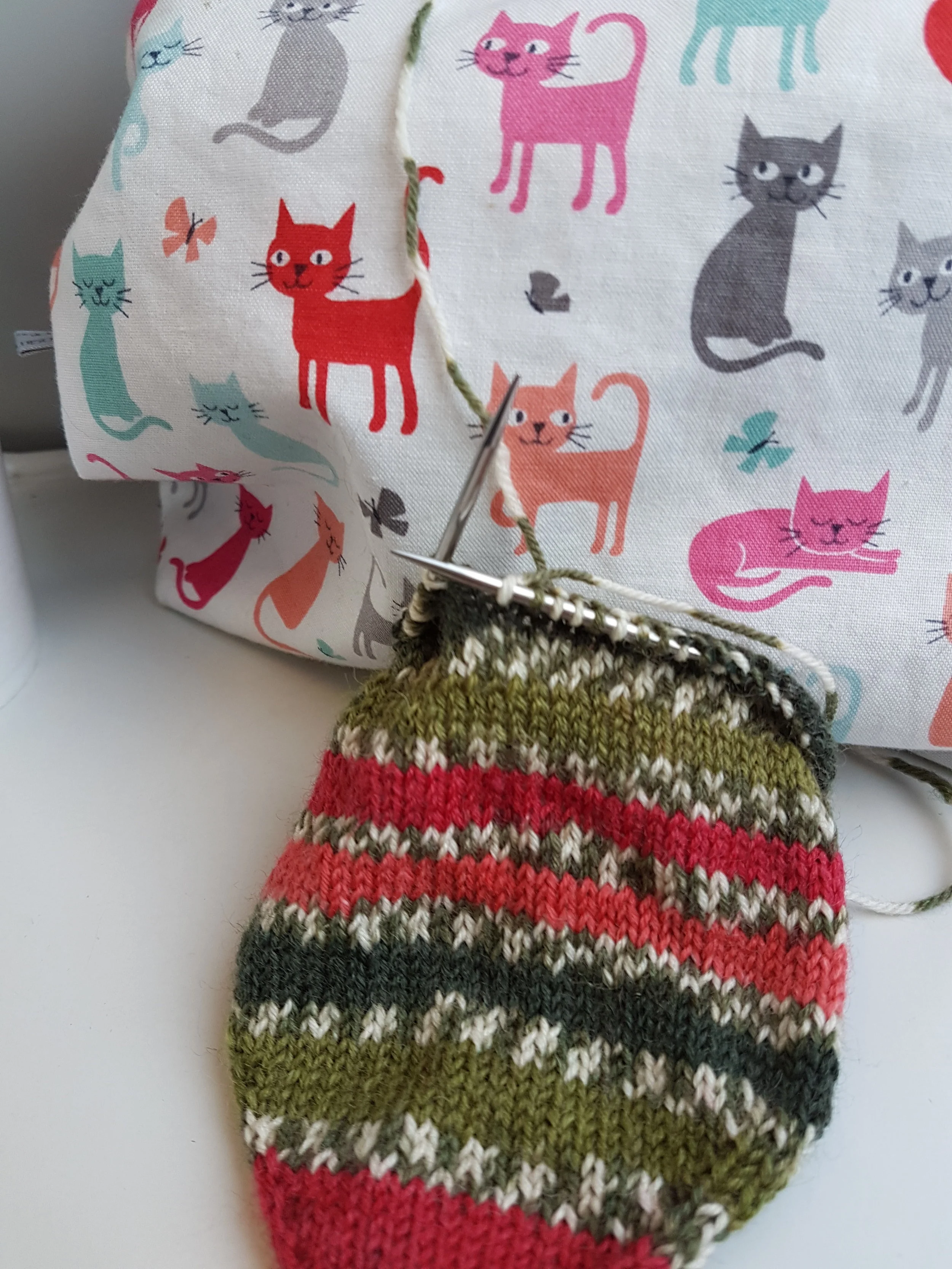 Small circs in action on a stockinette West Yorkshire Spinners sock