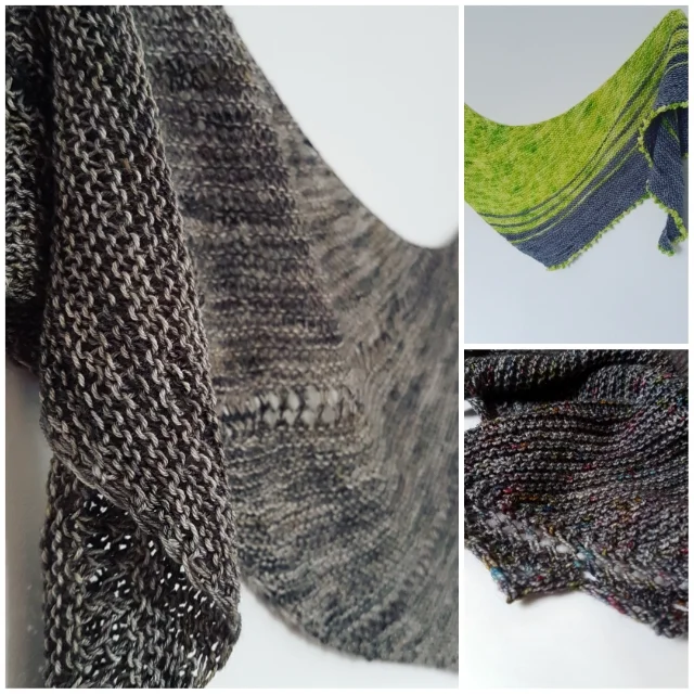 From left: Worth the Fuss shawl, Fuss Free Festival shawl, KISS shawl.