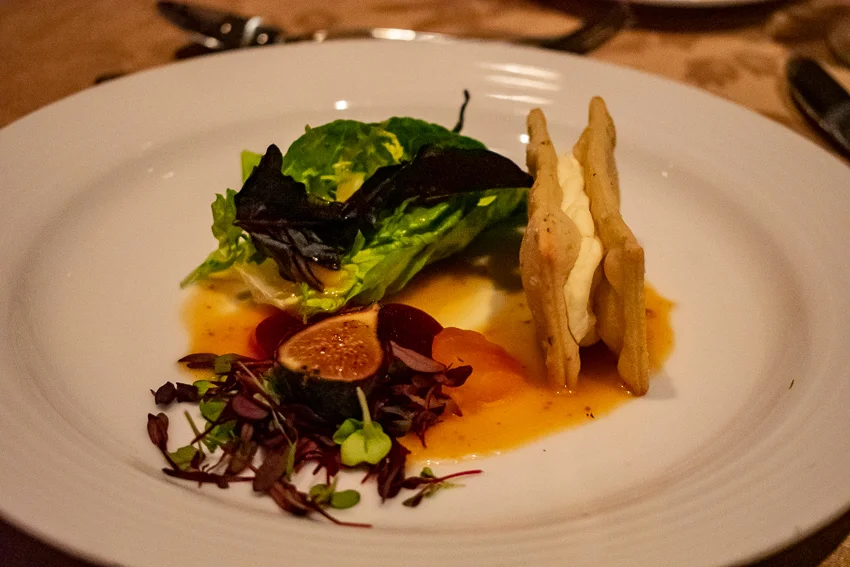 Winter Gem Lettuce & Heirloom Beet Mille-Feuille, Cabrales Tuille Sandwich & Roasted Fig Vinaigrette