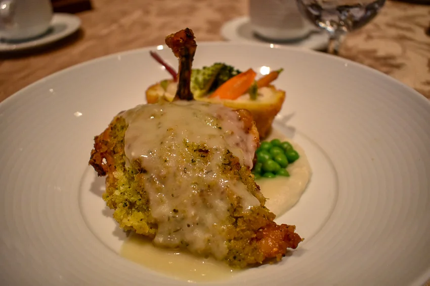 “Perdue Harvest Land” Herb Crusted Airline Chicken Breast, Hammonton Farmers Market Croquette, Sunchoke Puree, Butter Poached Pink Fingerling and “Minors” White Burgundy, Chicken Vegetable Jus