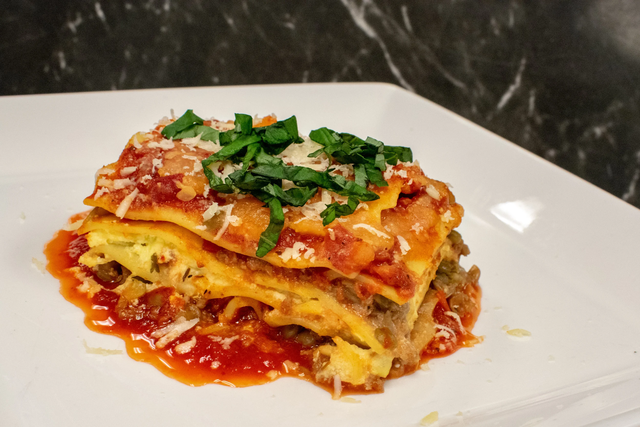 Parmesan-Basil Lasagna with Lentil Bolognese